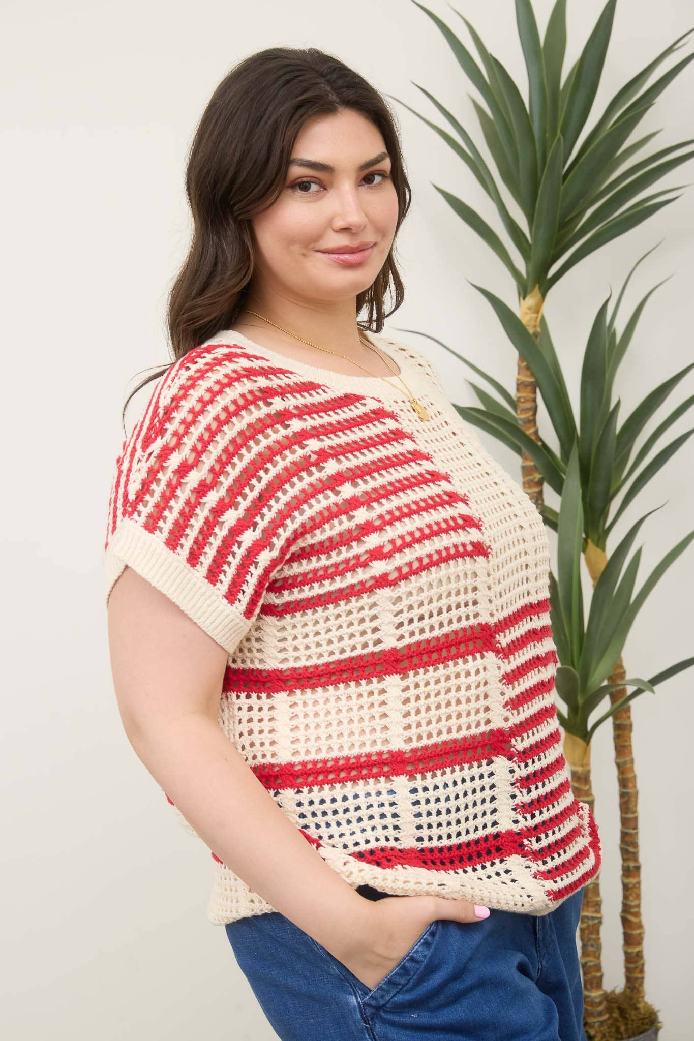 PLUS MULTI STRIPE SHORT SLEEVE SHEER CROCHET KNIT TOP