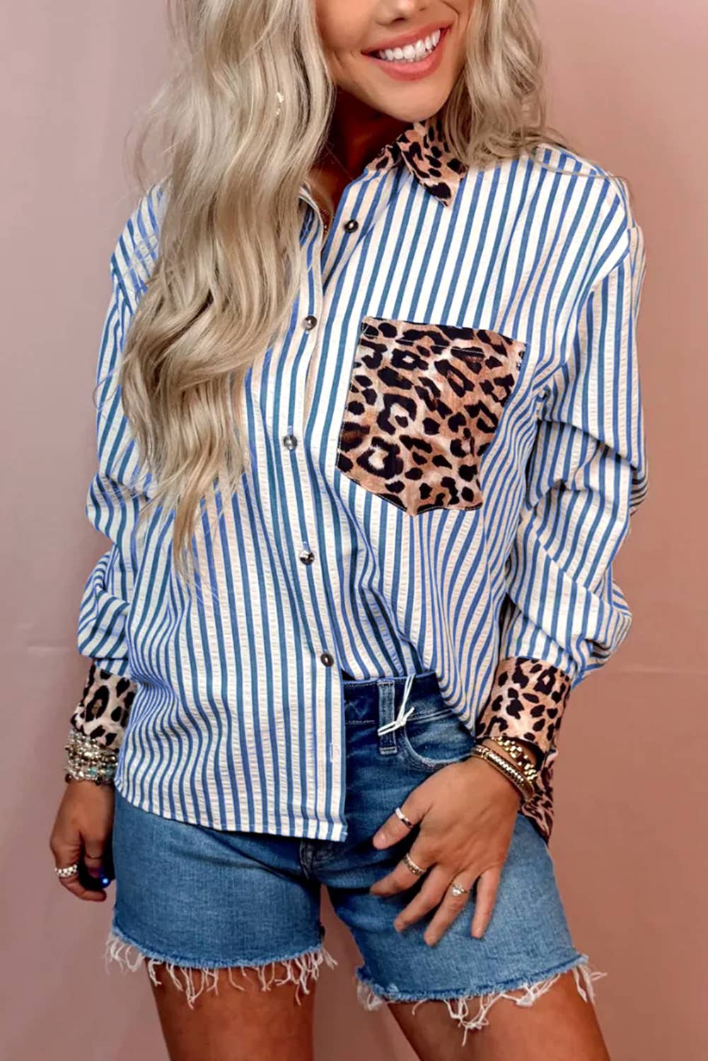 Fall 2025 Chic Contrast Leopard & Stripes Button Shirt