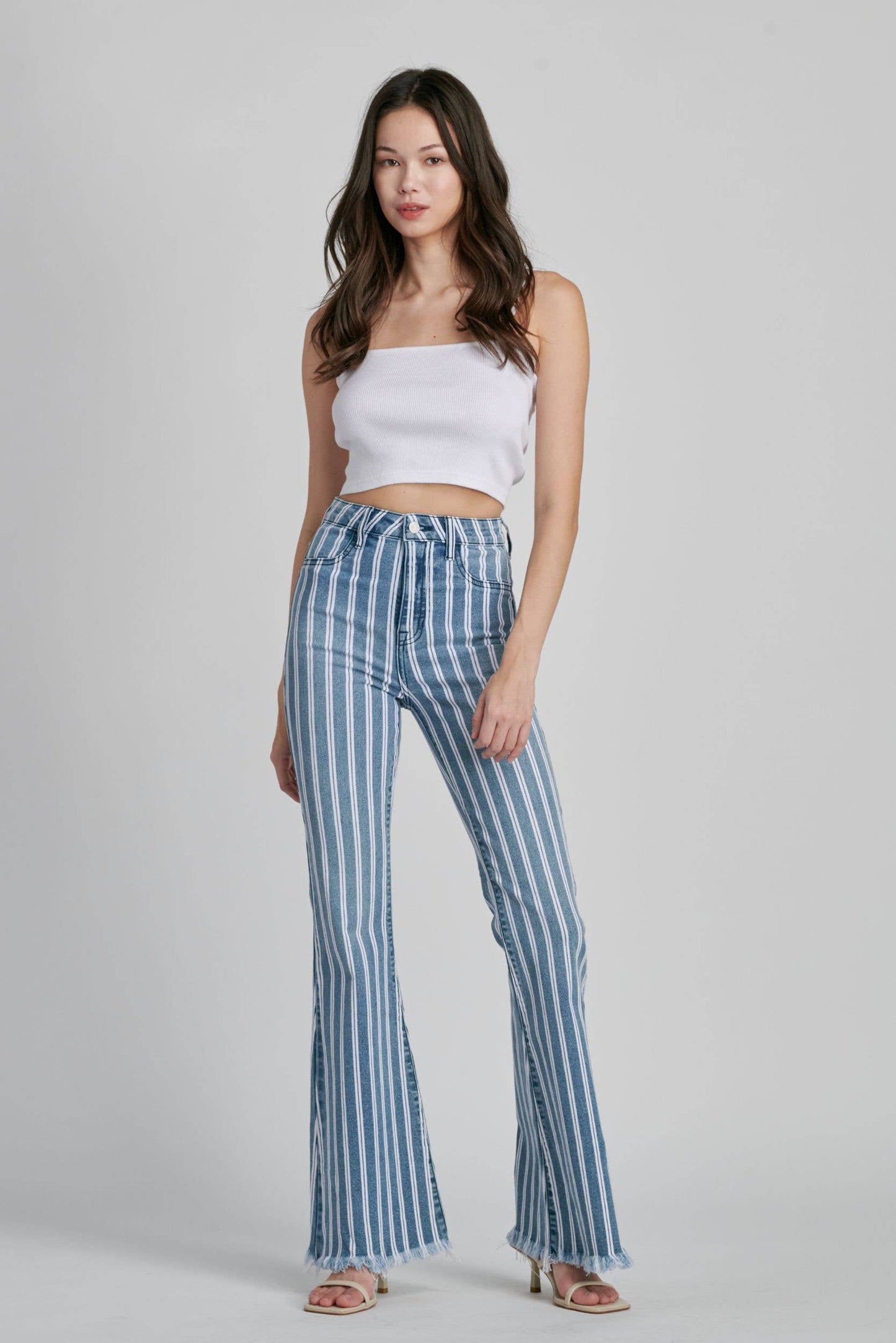 CELLO Light Striped High Rise Super Flare Frayed Hem