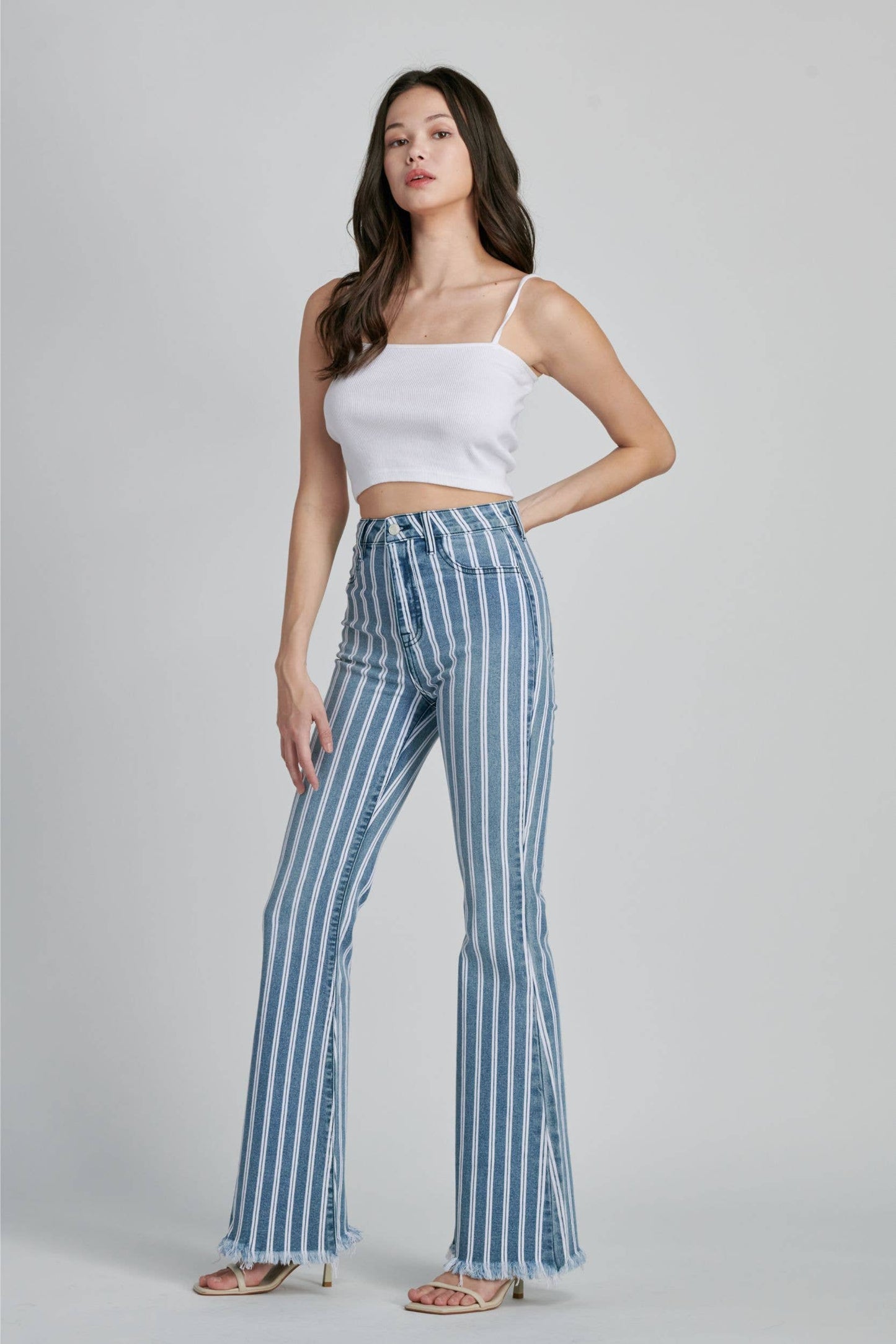 CELLO Light Striped High Rise Super Flare Frayed Hem