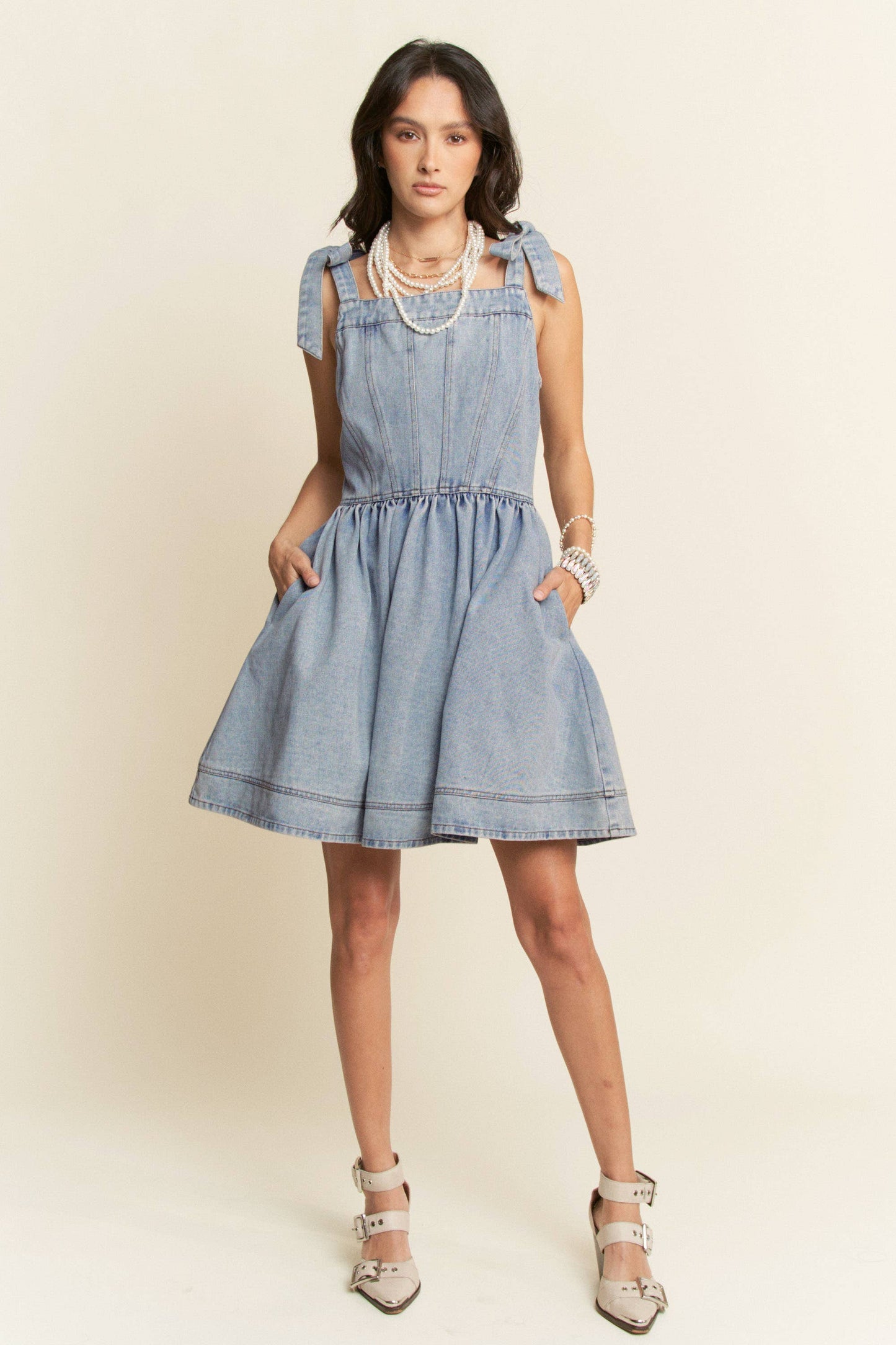 STRAP SMOCKING ZIPPER WASHED OUT DENIM MINI DRESS