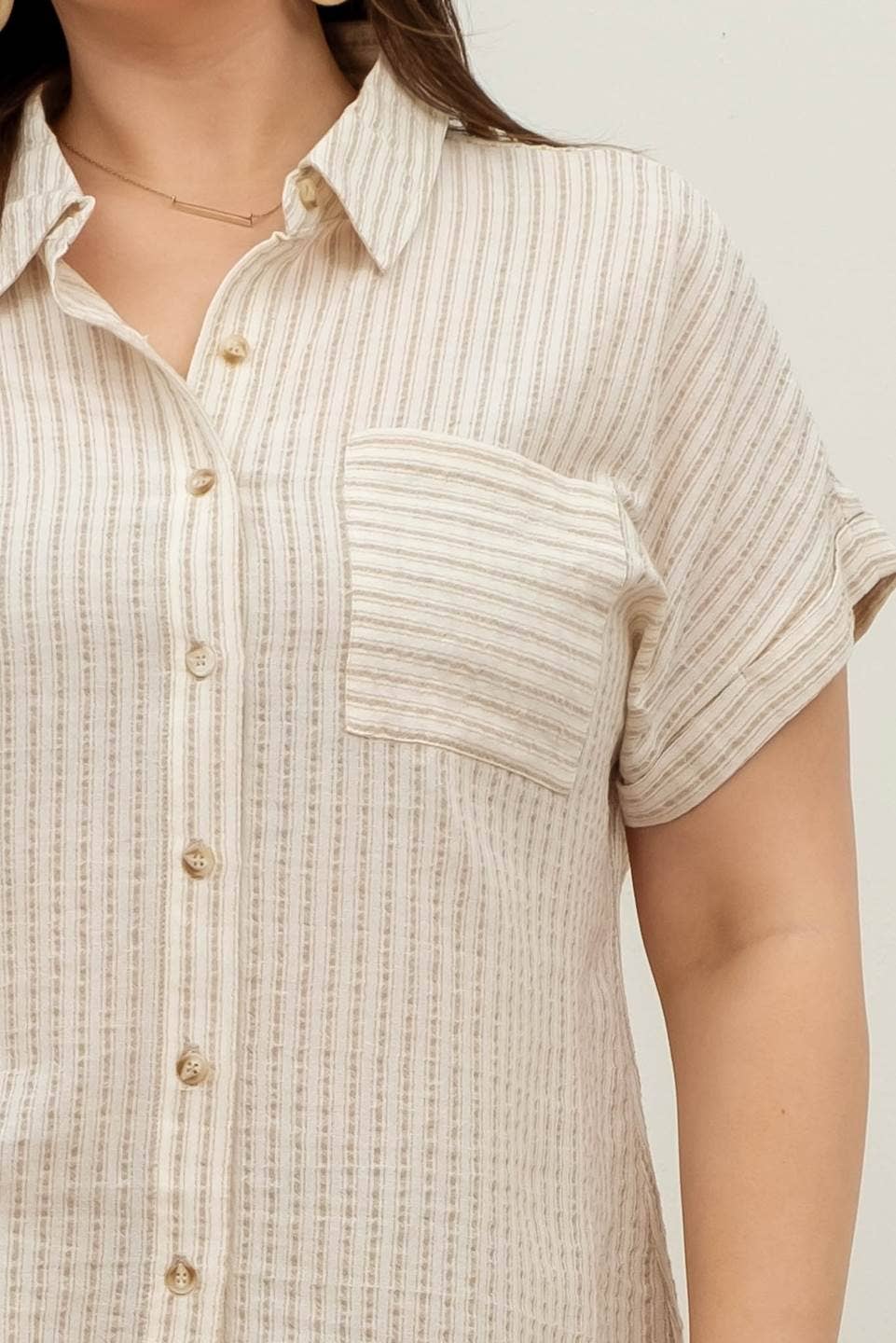 PLUS STRIPE COLLARED SHORT SLEEVE LINEN SHIRT