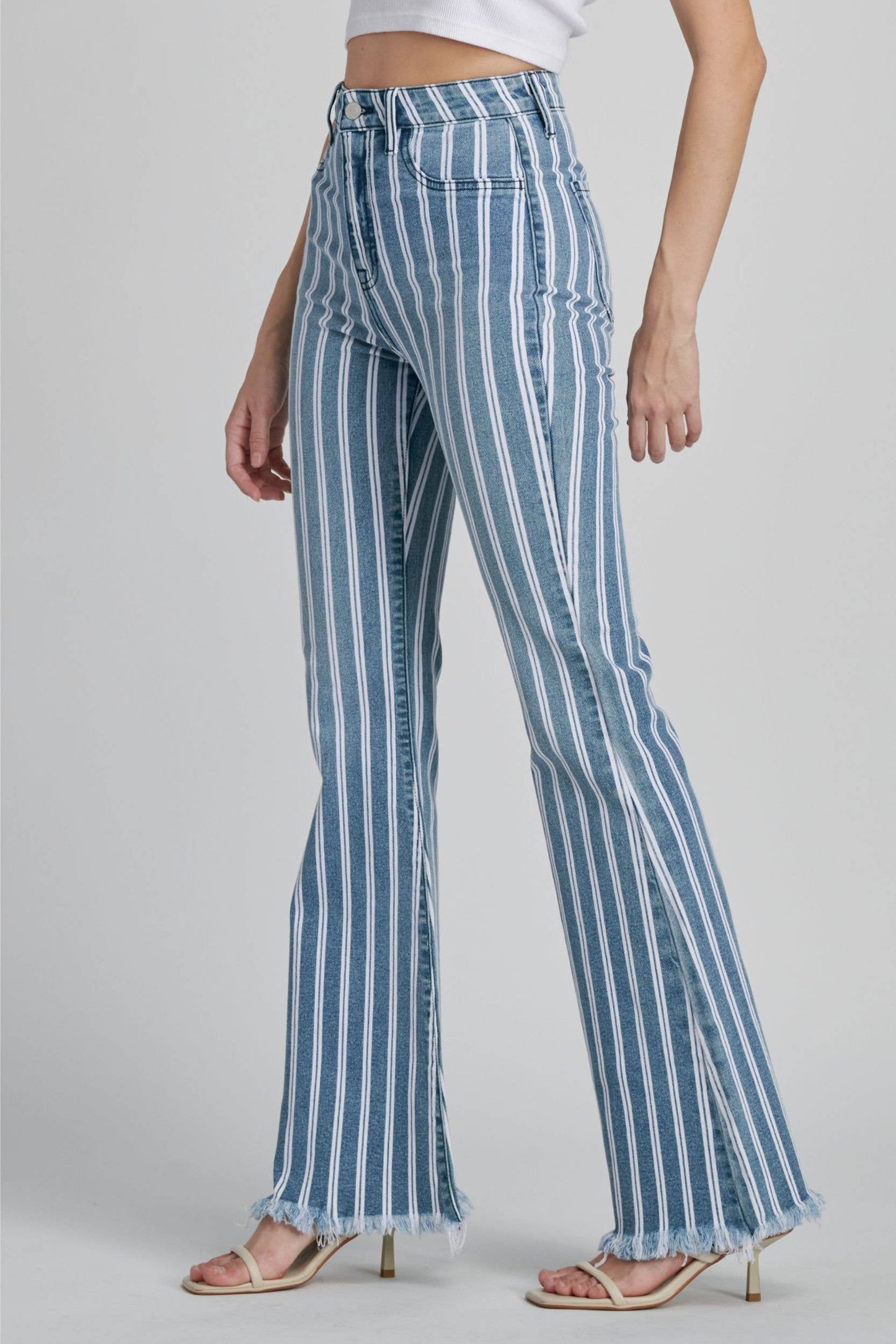 CELLO Light Striped High Rise Super Flare Frayed Hem