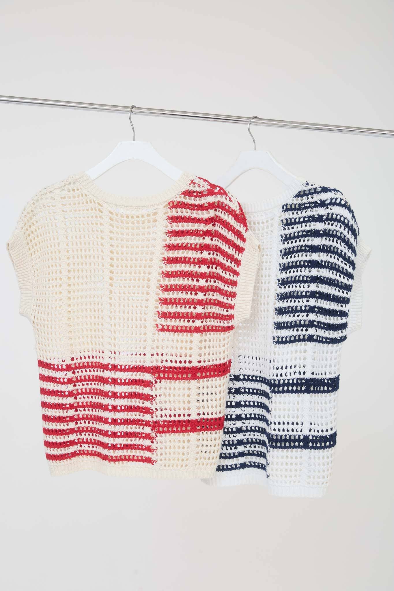 PLUS MULTI STRIPE SHORT SLEEVE SHEER CROCHET KNIT TOP