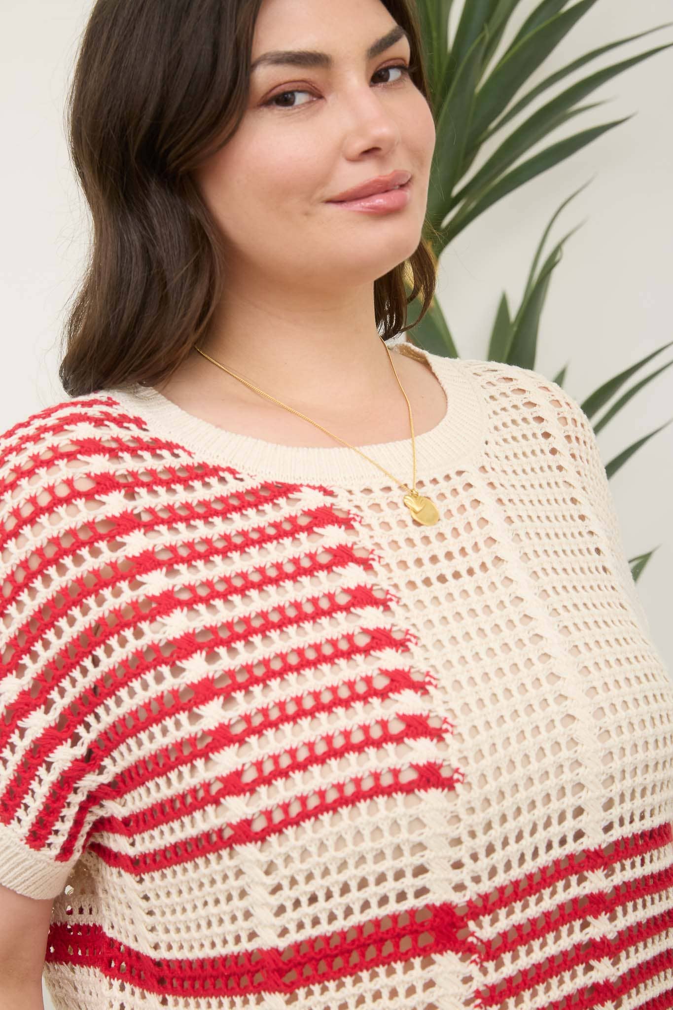 PLUS MULTI STRIPE SHORT SLEEVE SHEER CROCHET KNIT TOP