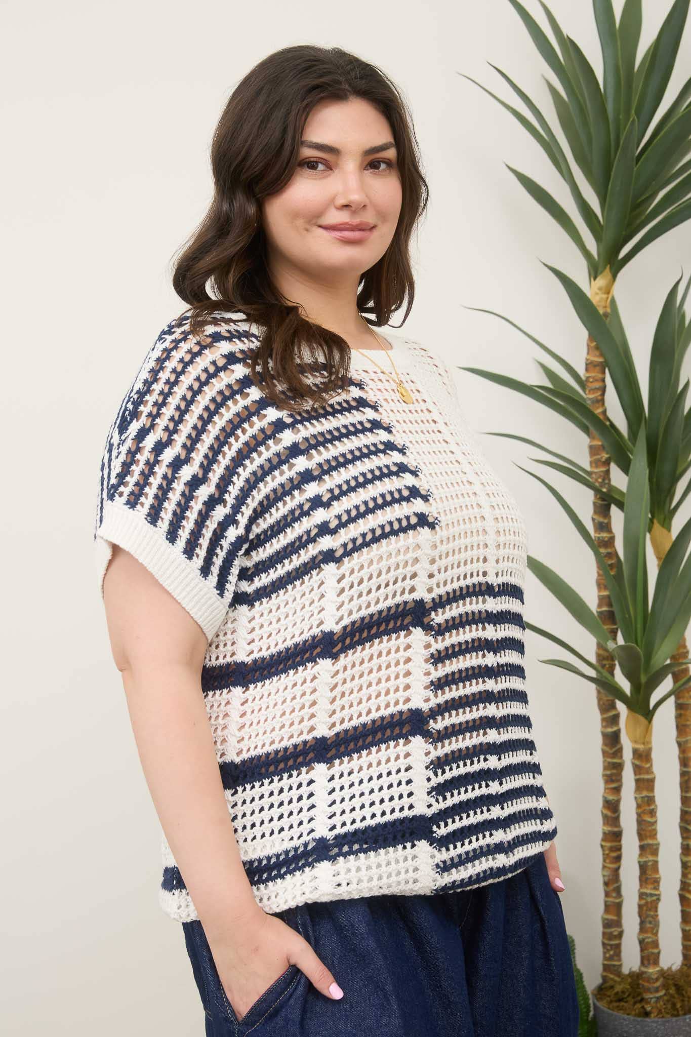 PLUS MULTI STRIPE SHORT SLEEVE SHEER CROCHET KNIT TOP
