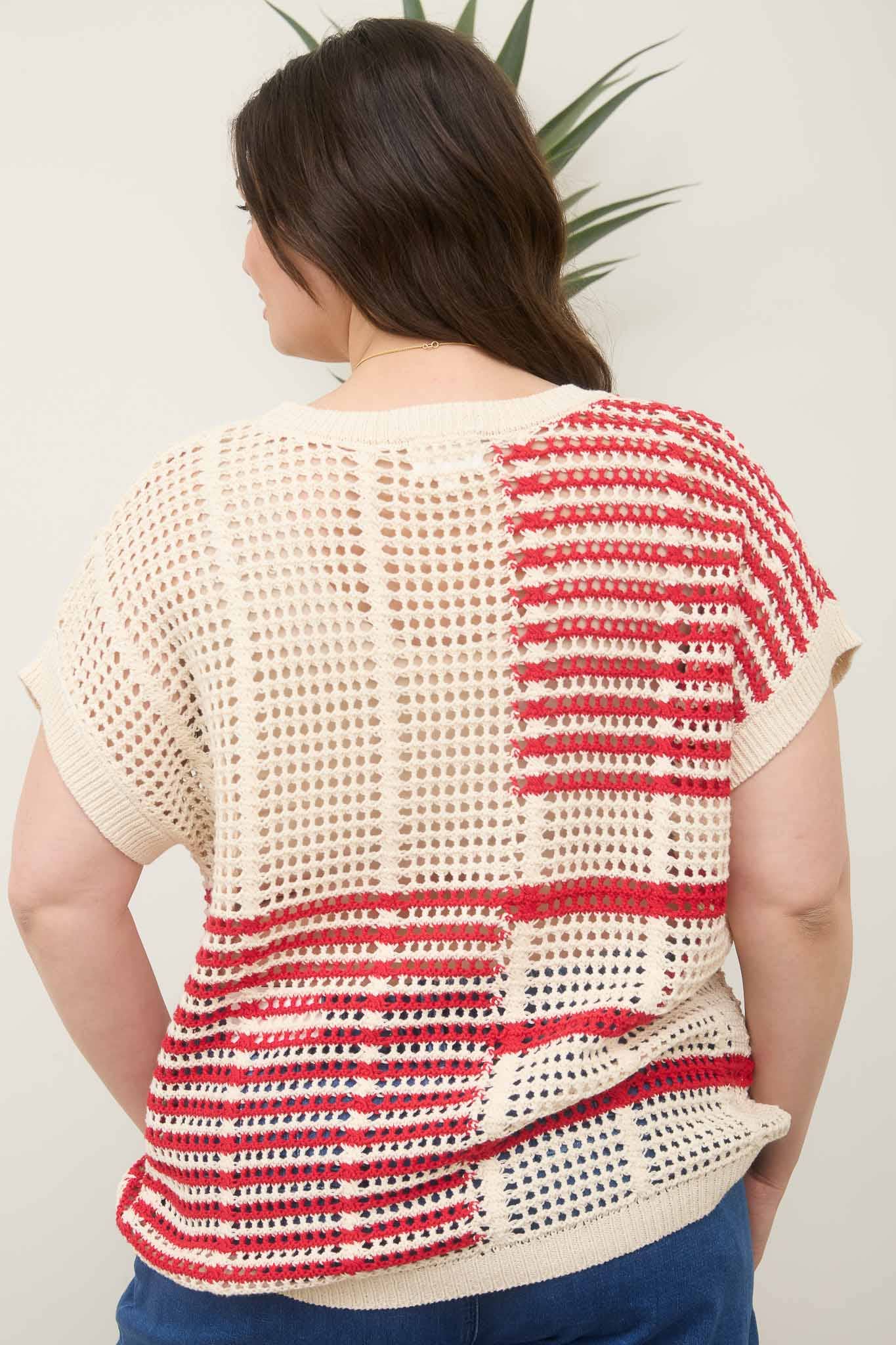 PLUS MULTI STRIPE SHORT SLEEVE SHEER CROCHET KNIT TOP