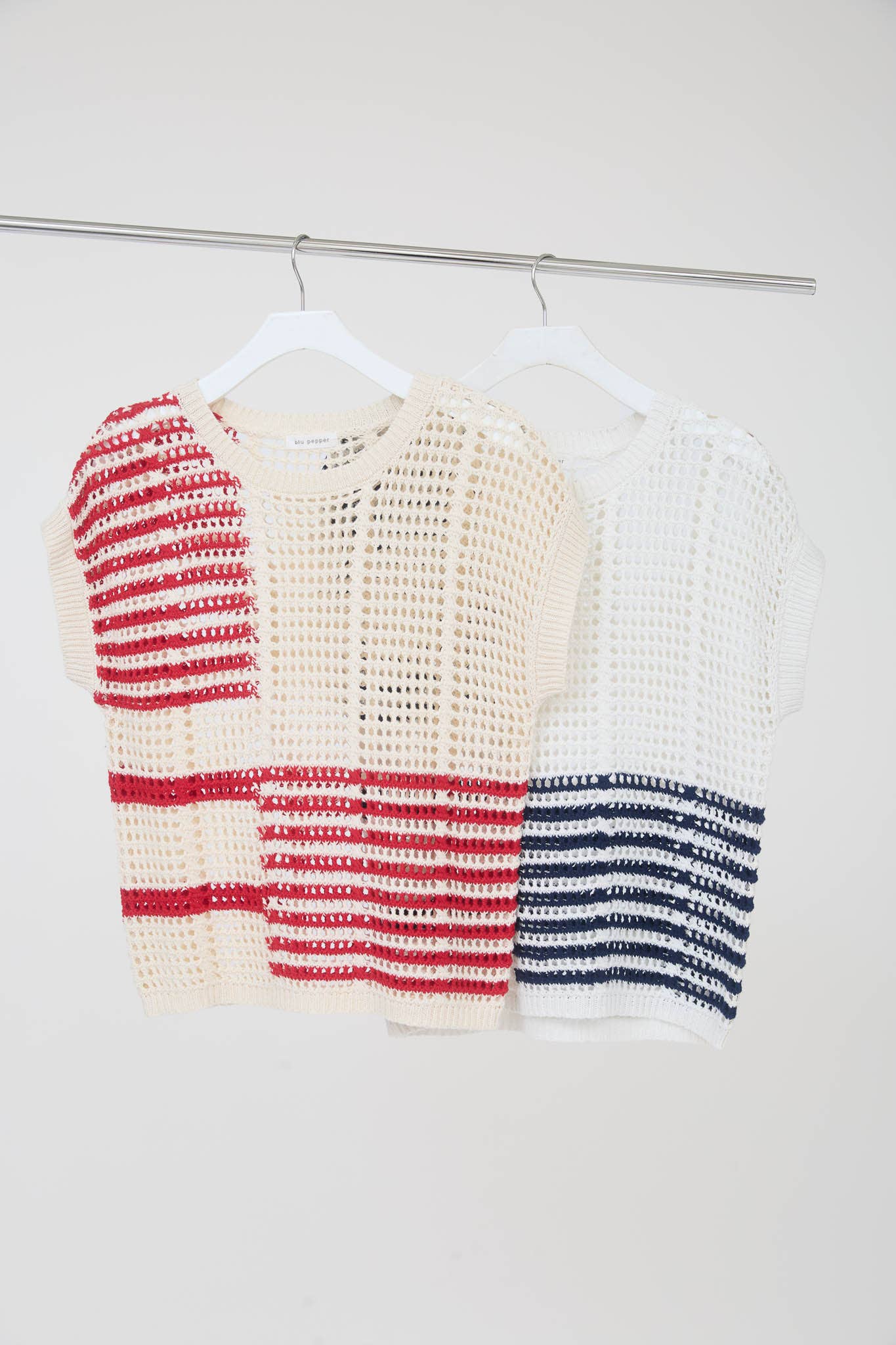 PLUS MULTI STRIPE SHORT SLEEVE SHEER CROCHET KNIT TOP