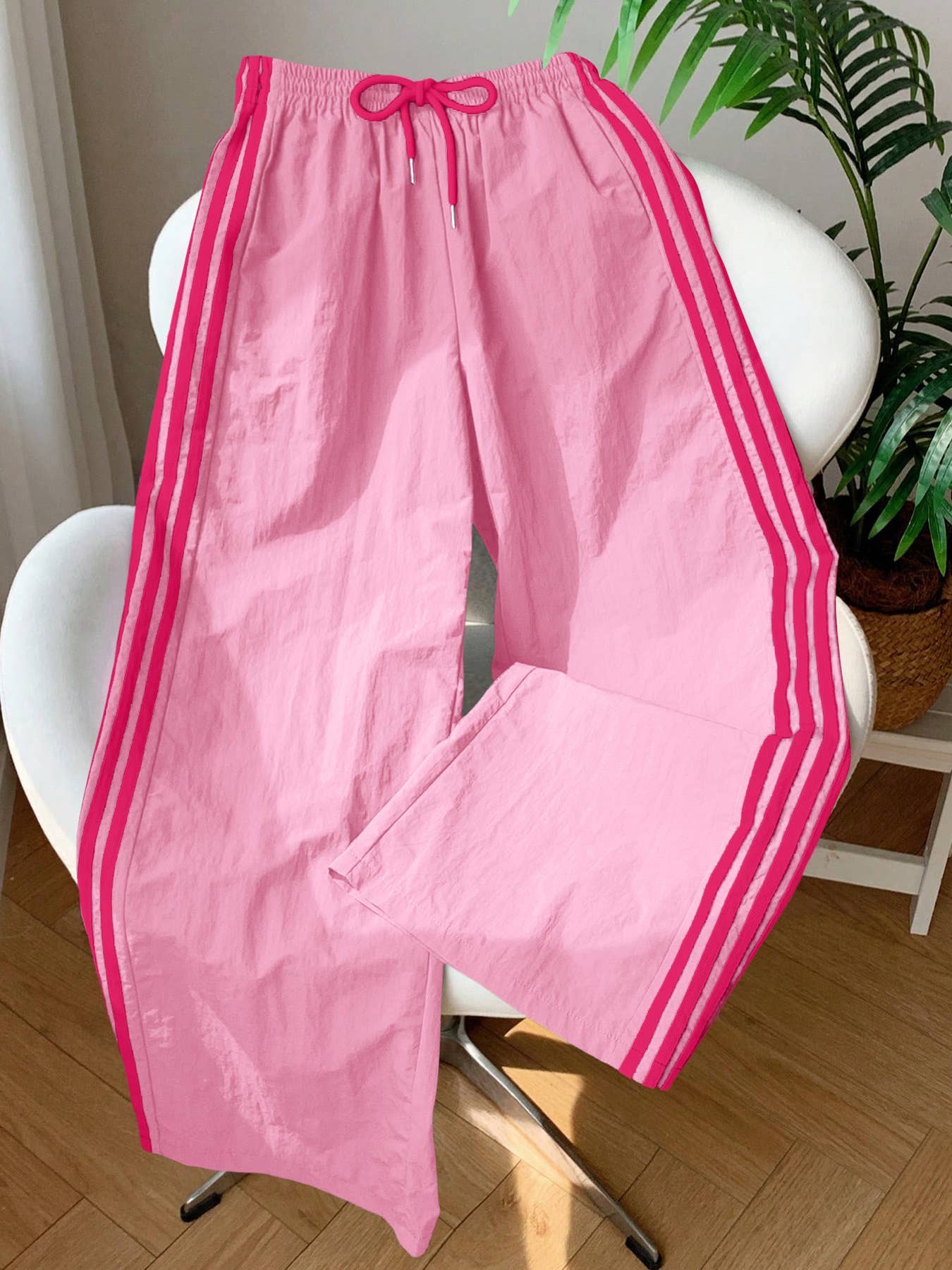 Laced Side Contrast Striped Wide Leg Track Pants