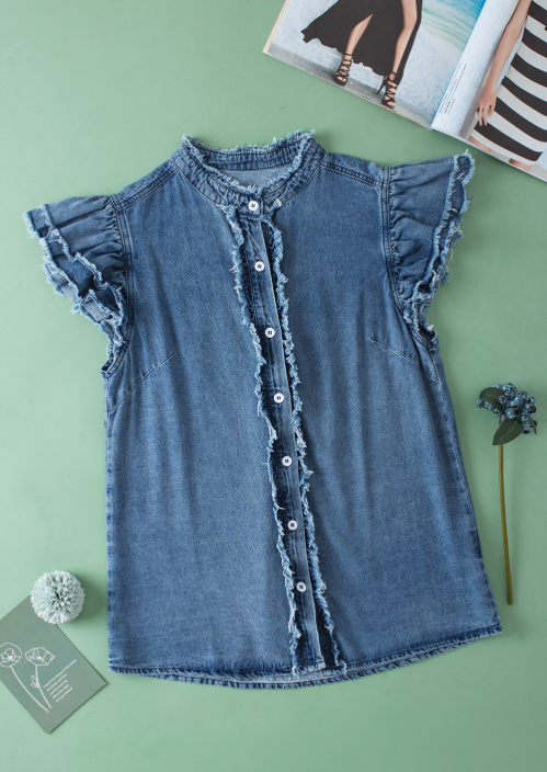 Beau Blue Button Front Ruffled Flutter Frayed Denim Top