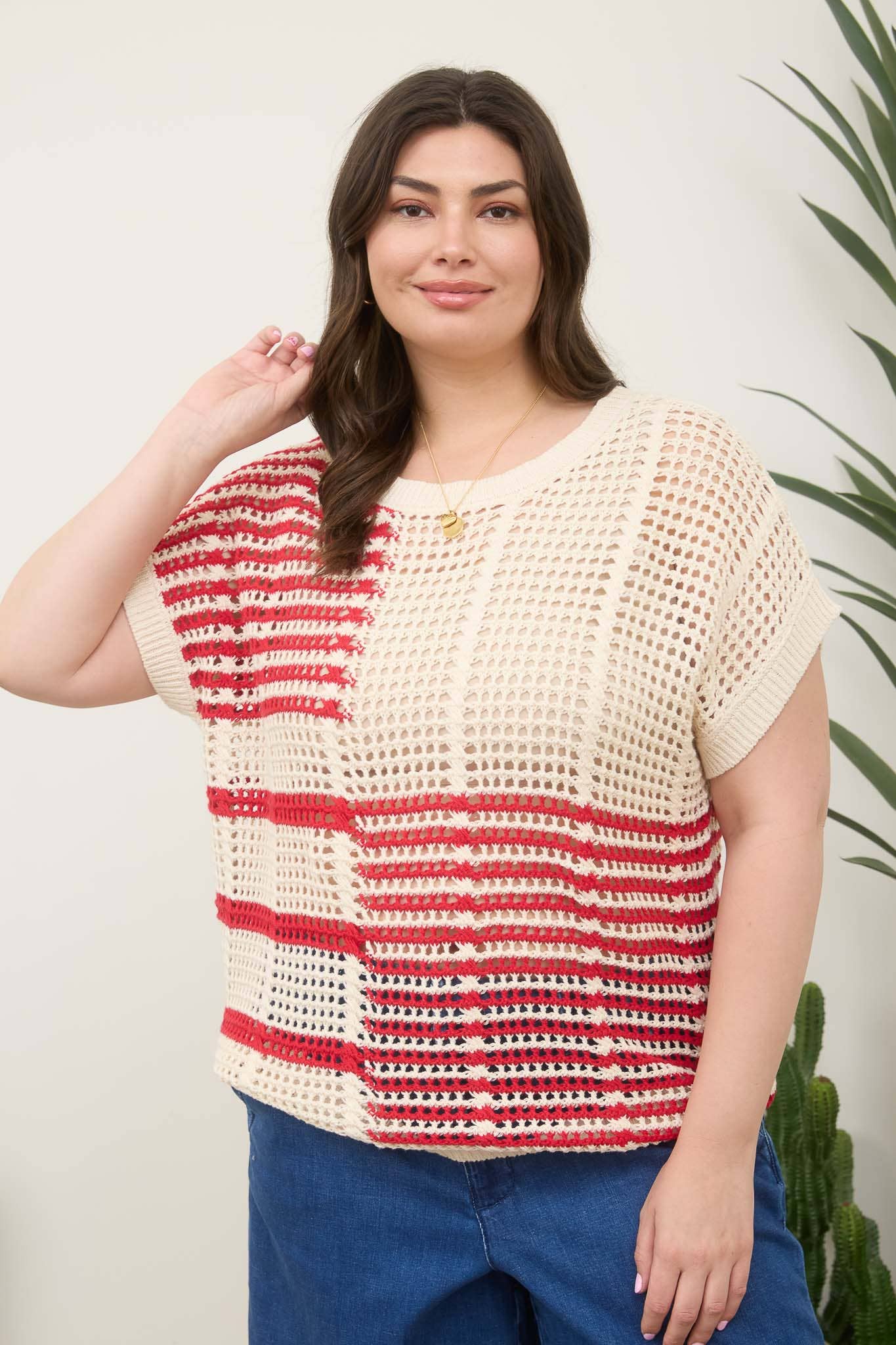 PLUS MULTI STRIPE SHORT SLEEVE SHEER CROCHET KNIT TOP