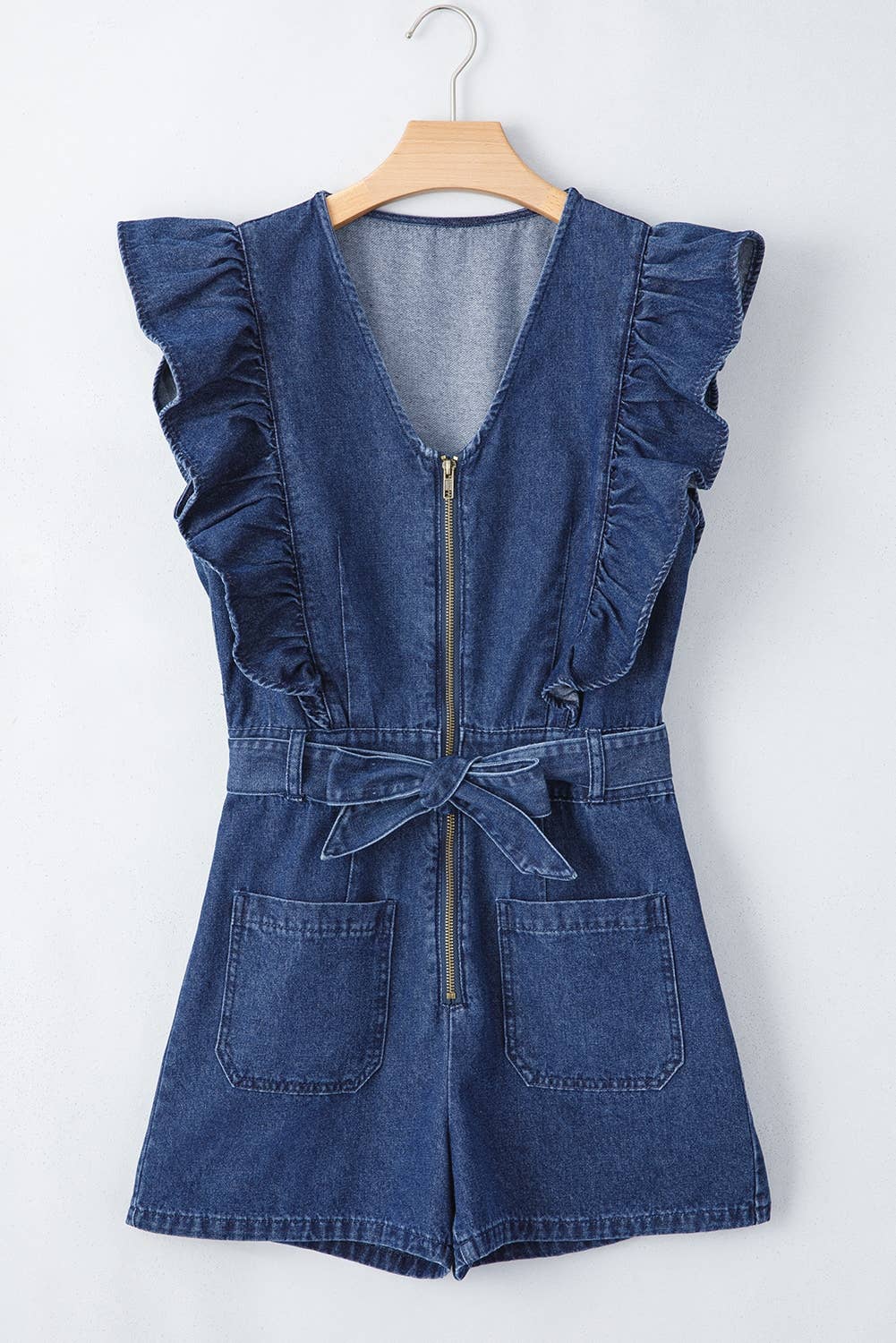 Denim Ruffled Zipped Front Belted Romper