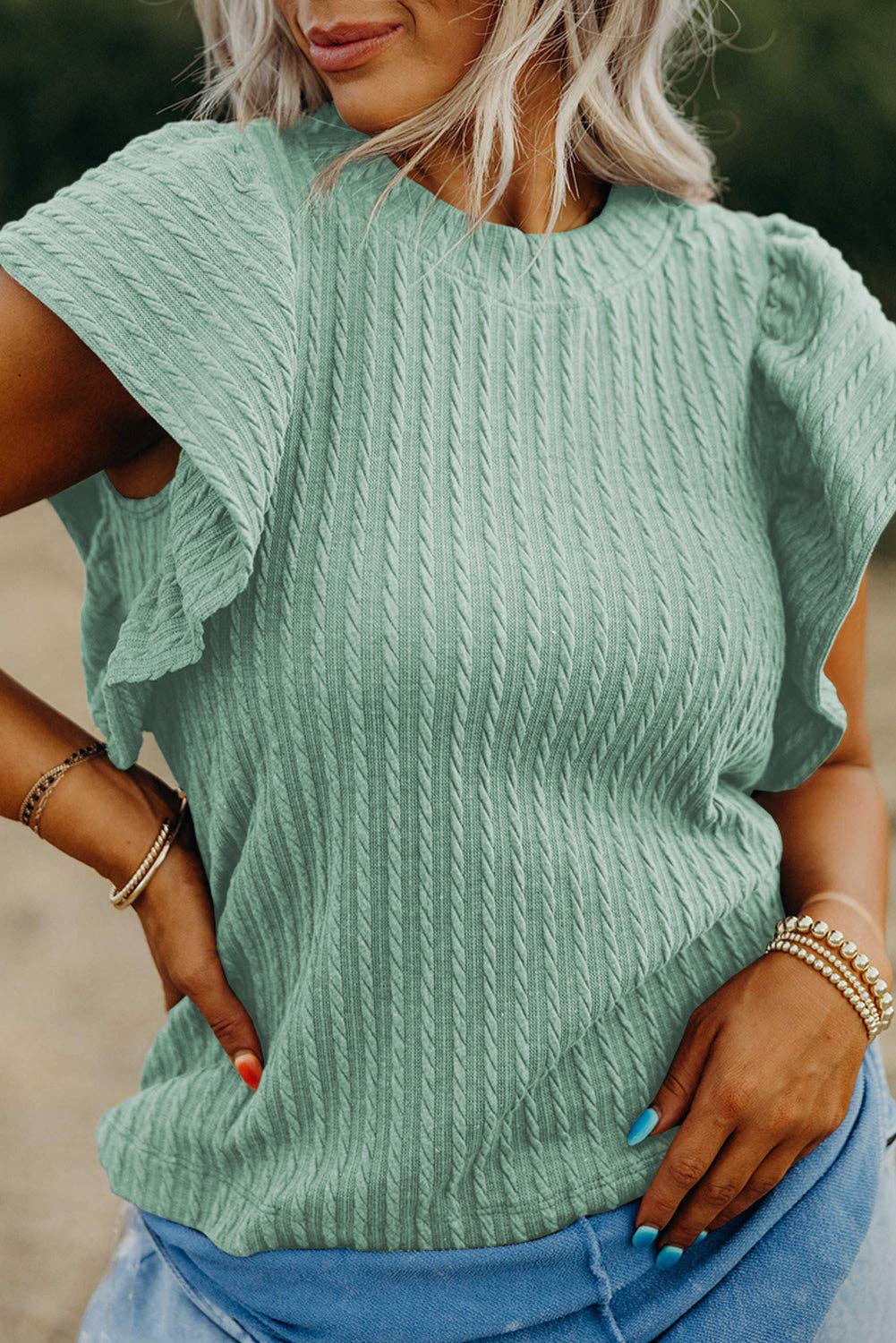 Mint Textured Flutter Sleeve Top