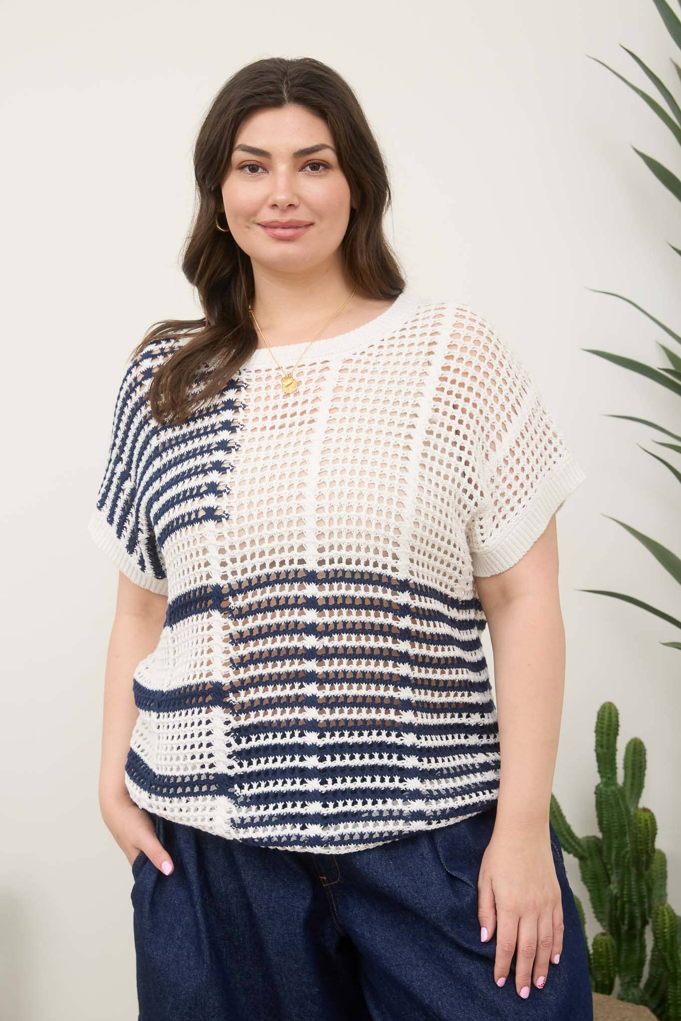 PLUS MULTI STRIPE SHORT SLEEVE SHEER CROCHET KNIT TOP