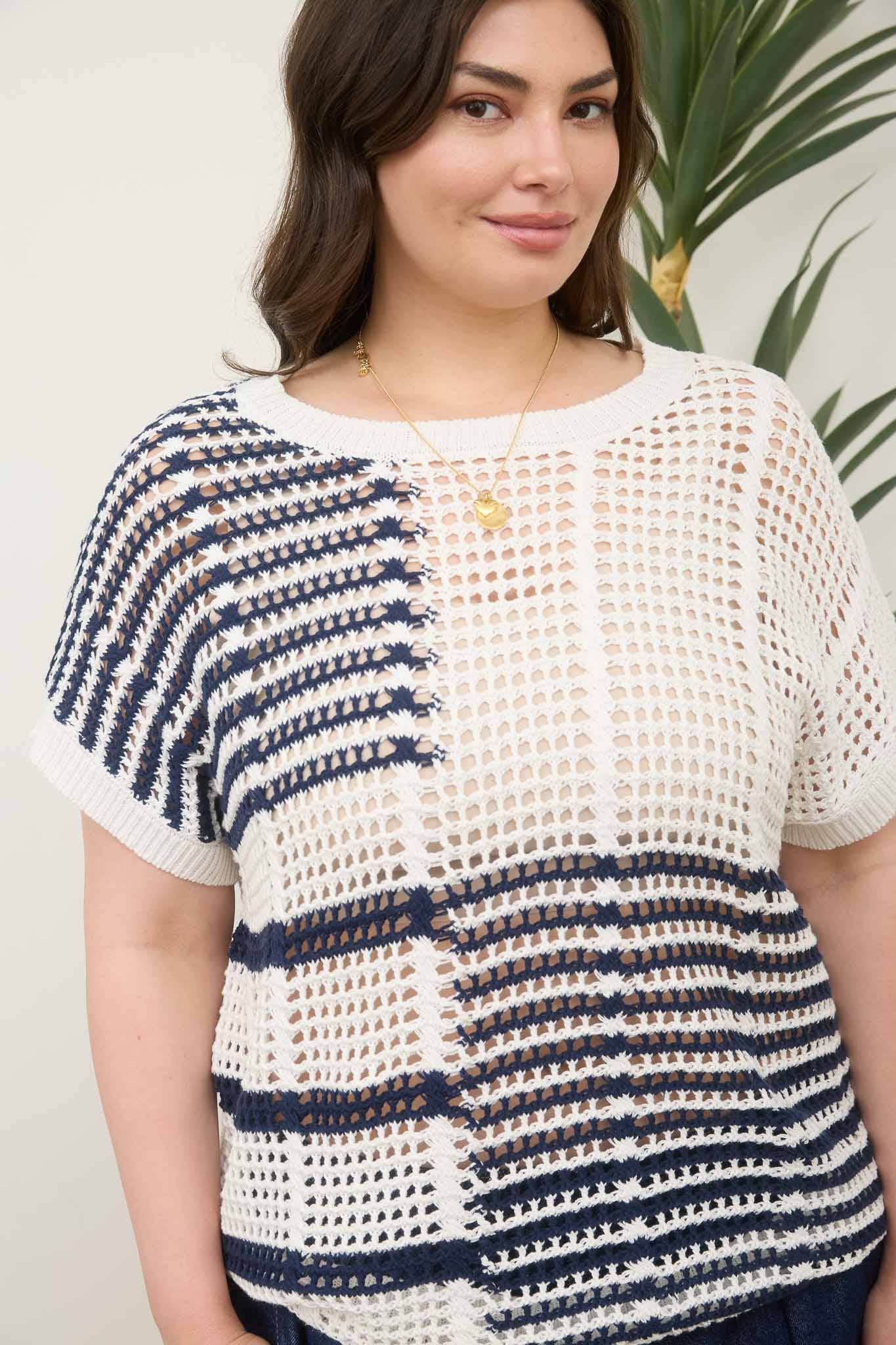 PLUS MULTI STRIPE SHORT SLEEVE SHEER CROCHET KNIT TOP