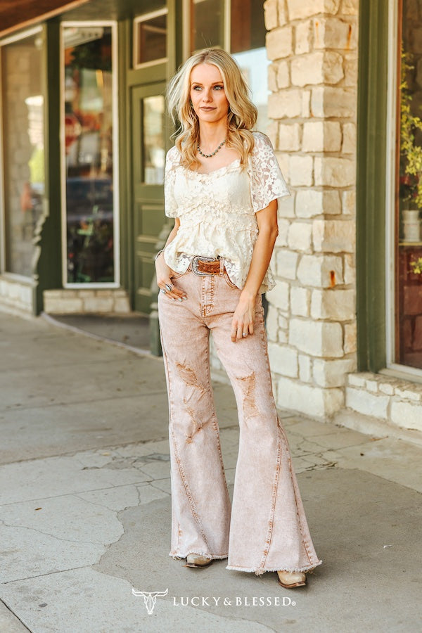 Camel Mineral Wash High Rise Distressed Flare Jeans