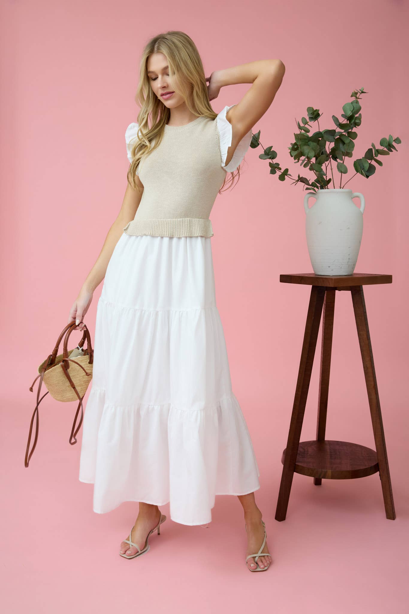 MIXED MEDIA SWEATER VEST MIDI DRESS