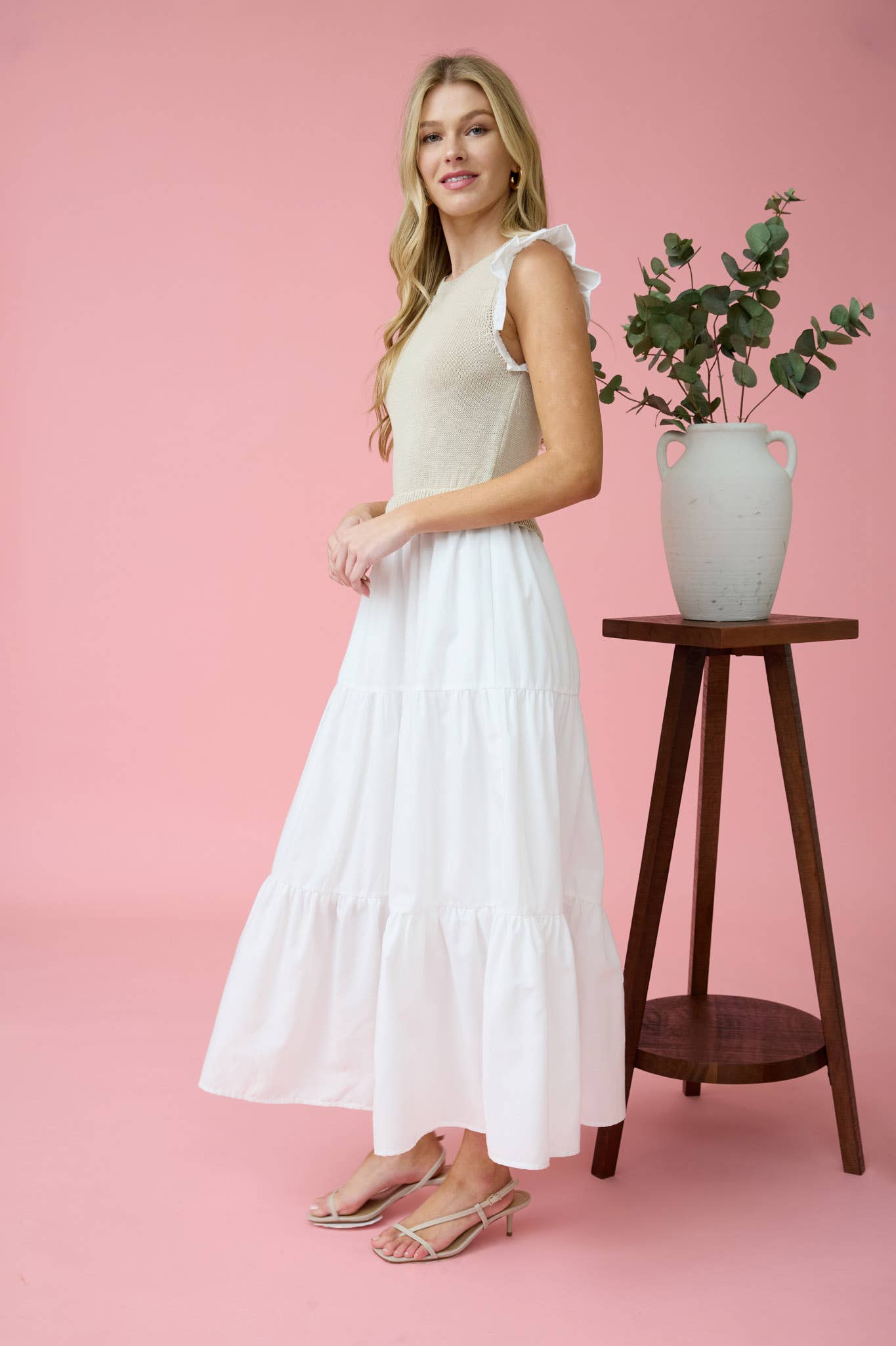 MIXED MEDIA SWEATER VEST MIDI DRESS