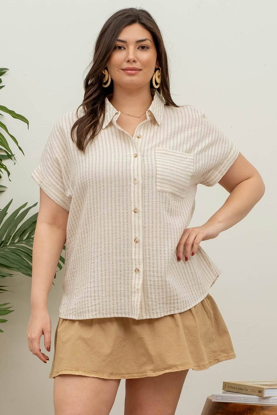 PLUS STRIPE COLLARED SHORT SLEEVE LINEN SHIRT
