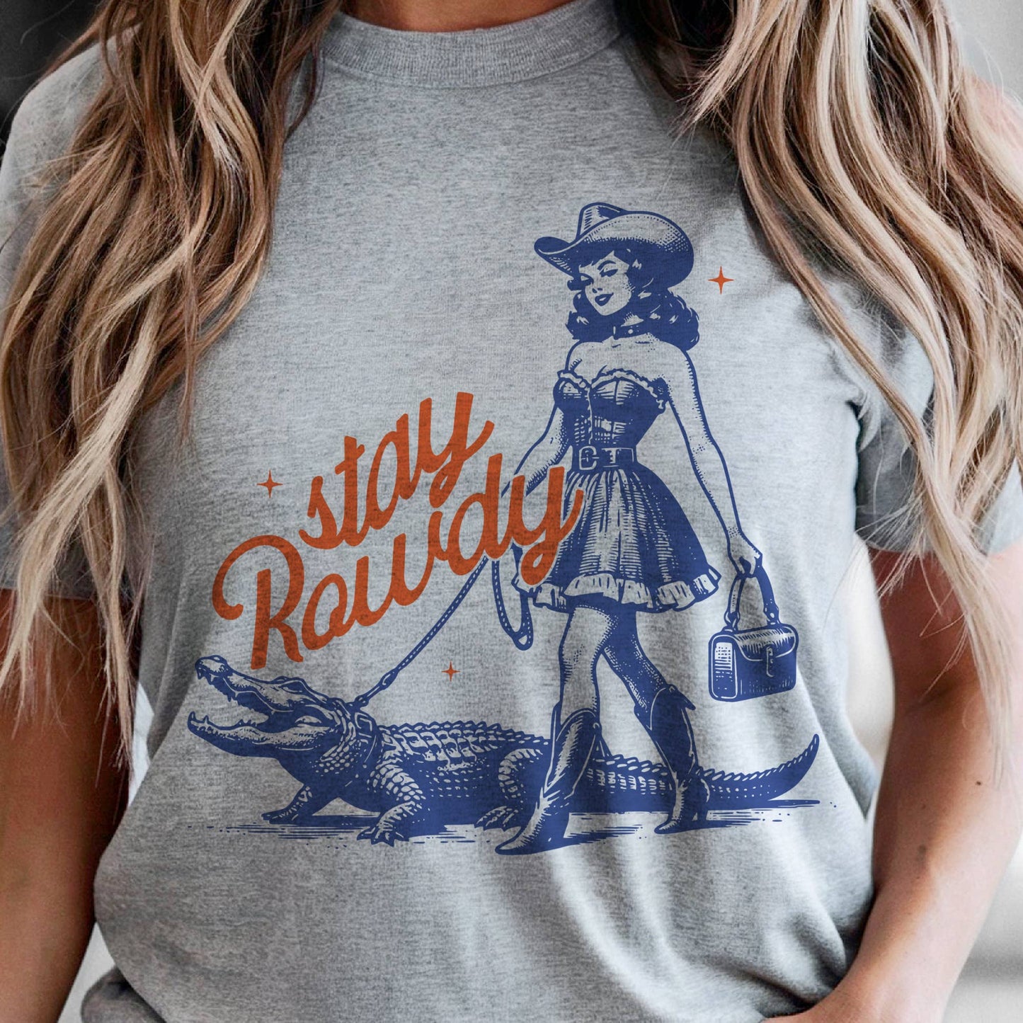 Western Stay Rowdy Retro Cowgirl Alligator Graphic Tee