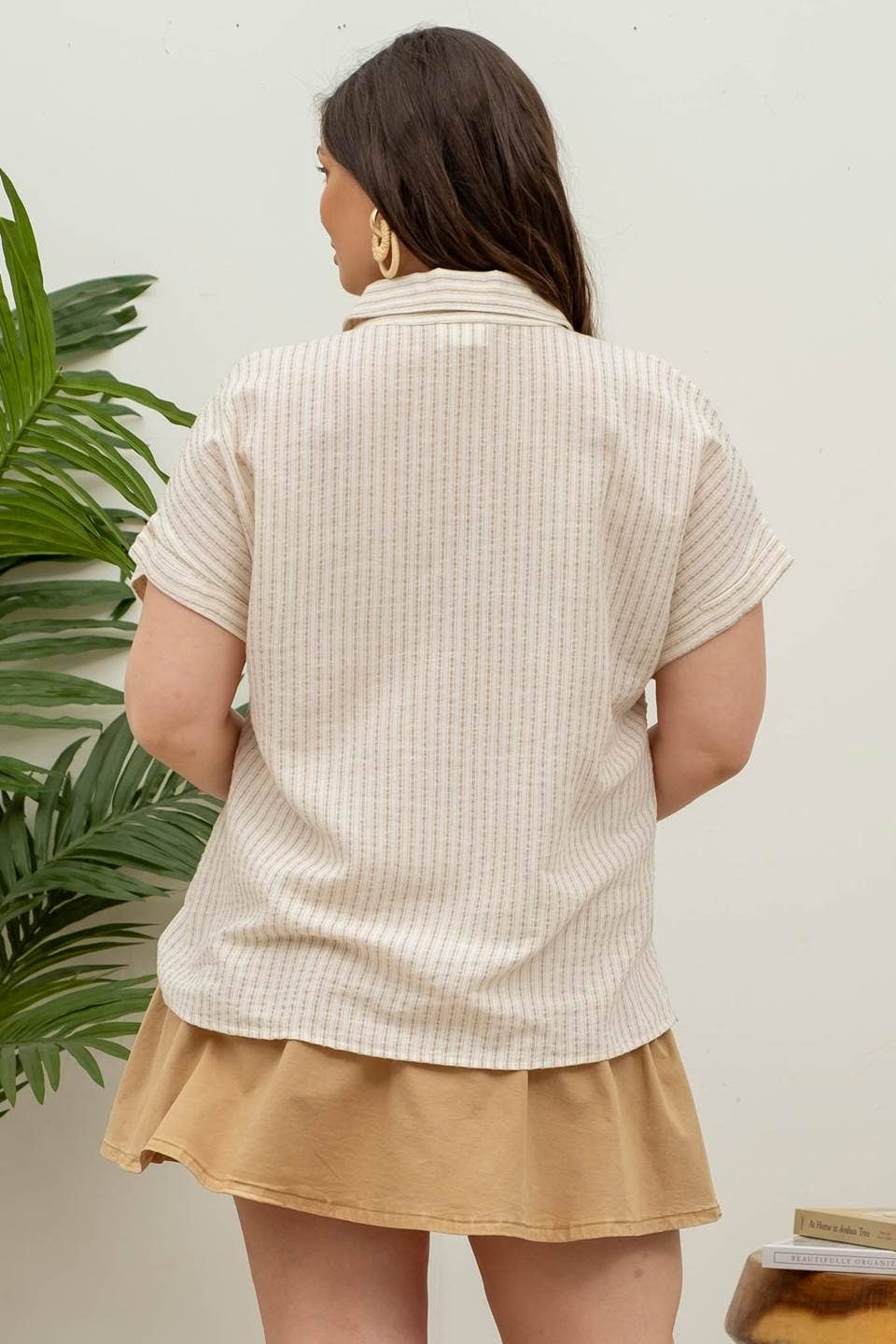 PLUS STRIPE COLLARED SHORT SLEEVE LINEN SHIRT
