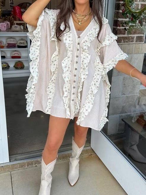 Floral ruffle shirt dress