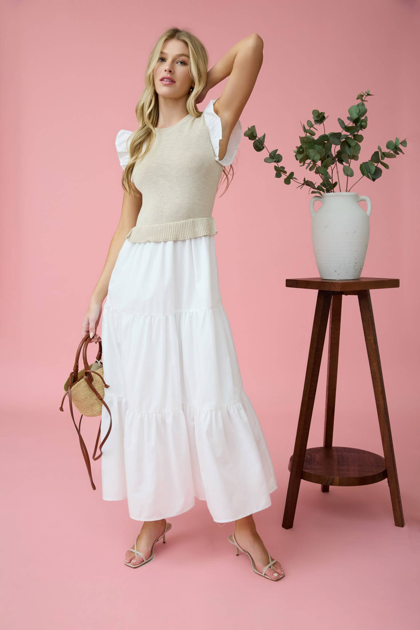 MIXED MEDIA SWEATER VEST MIDI DRESS