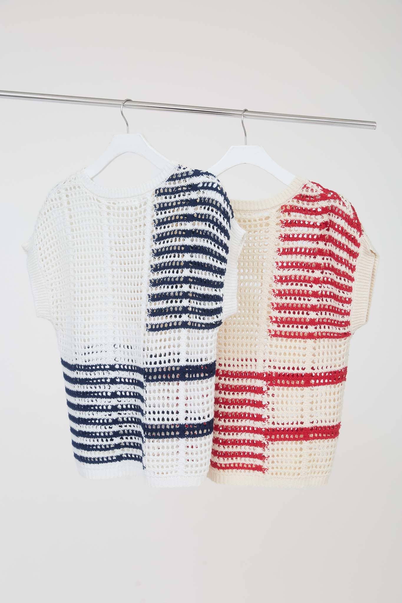 PLUS MULTI STRIPE SHORT SLEEVE SHEER CROCHET KNIT TOP