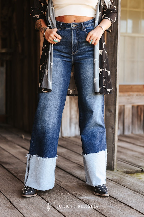 Dark Wash High Rise Cuffed Wide Leg Jeans