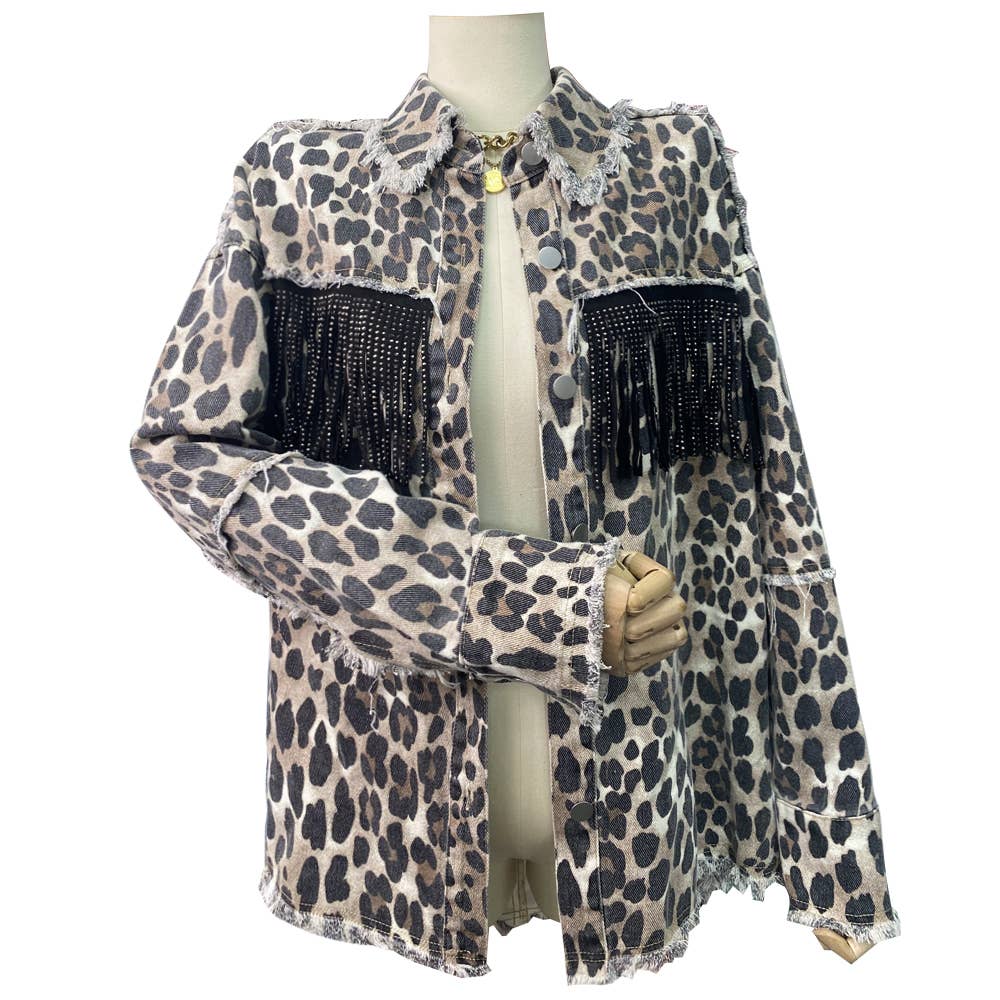 Leopard fringed washed oversized denim jacket