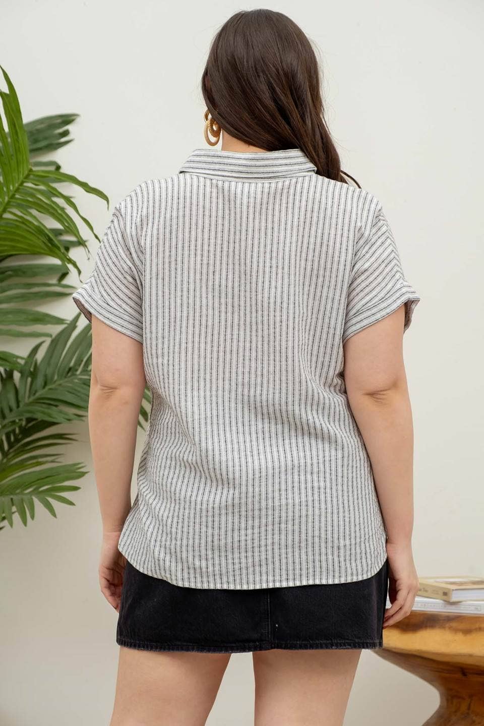 PLUS STRIPE COLLARED SHORT SLEEVE LINEN SHIRT