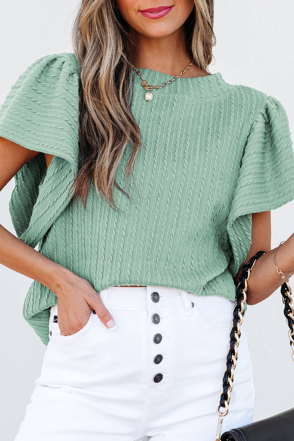 Mint Textured Flutter Sleeve Top