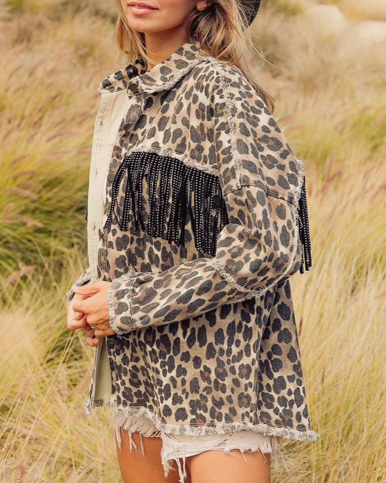 Leopard fringed washed oversized denim jacket