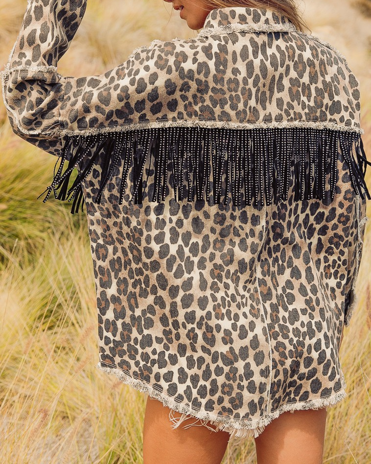 Leopard fringed washed oversized denim jacket