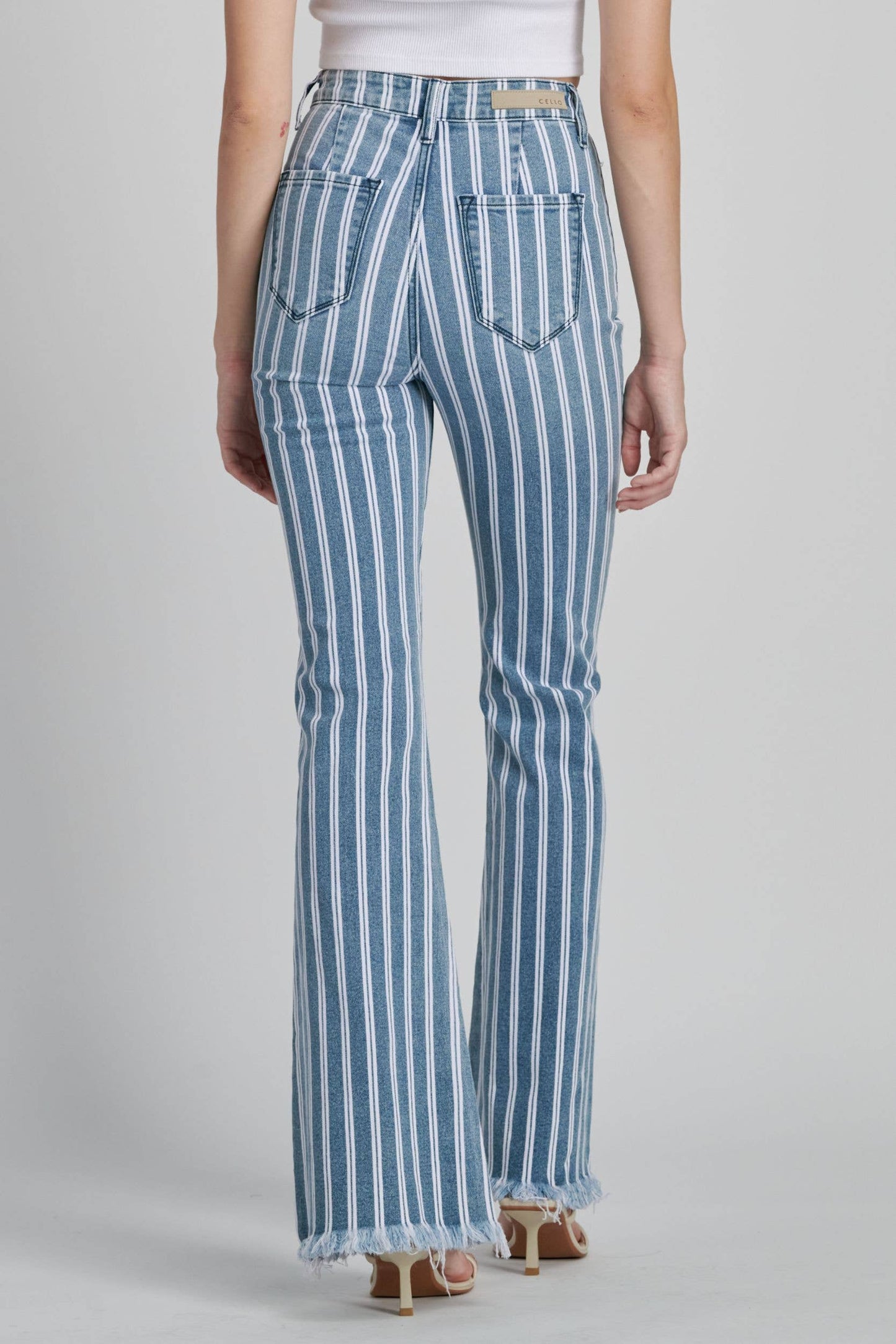 CELLO Light Striped High Rise Super Flare Frayed Hem