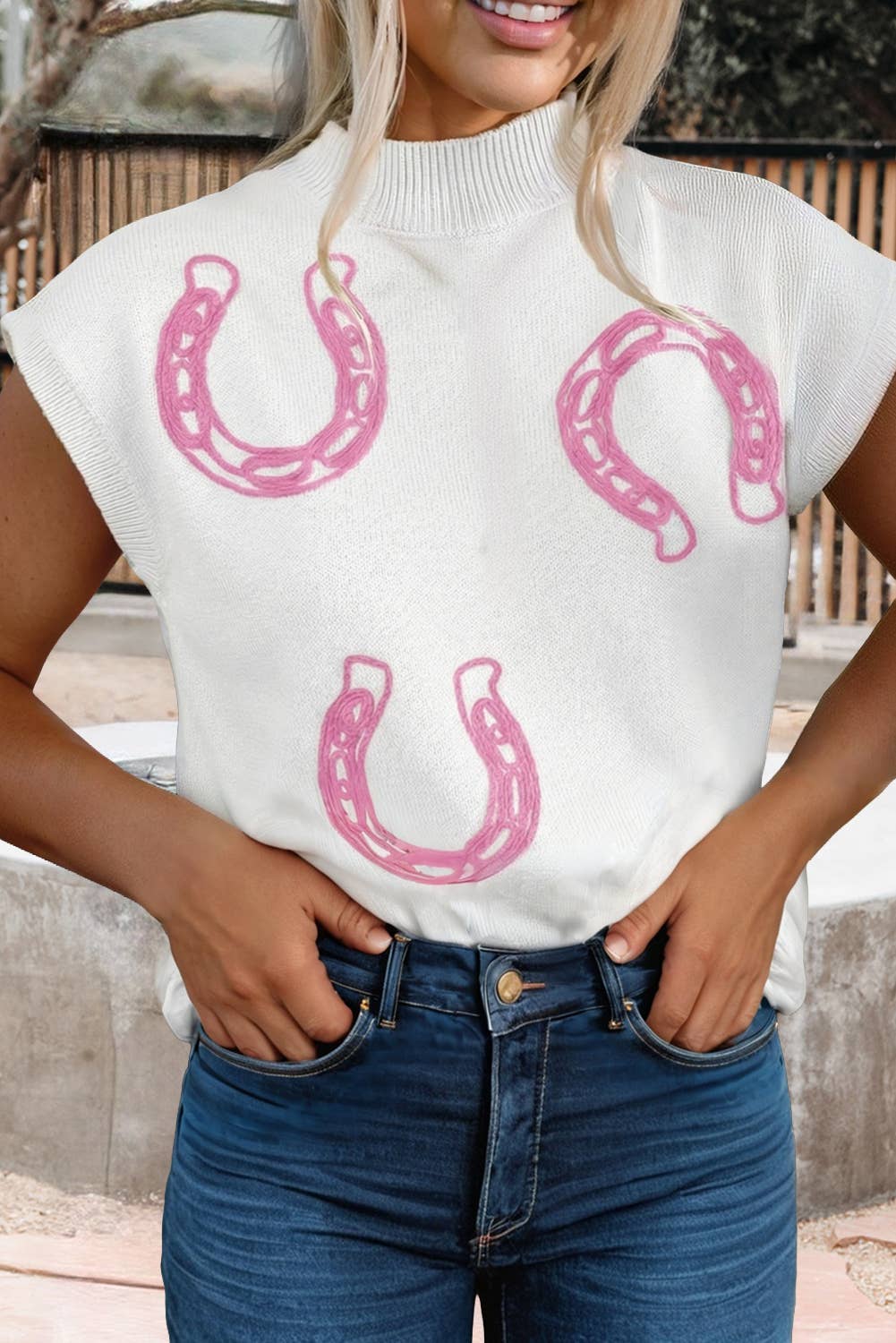 Cowgirl Horseshoe Mock Neck Knit Top