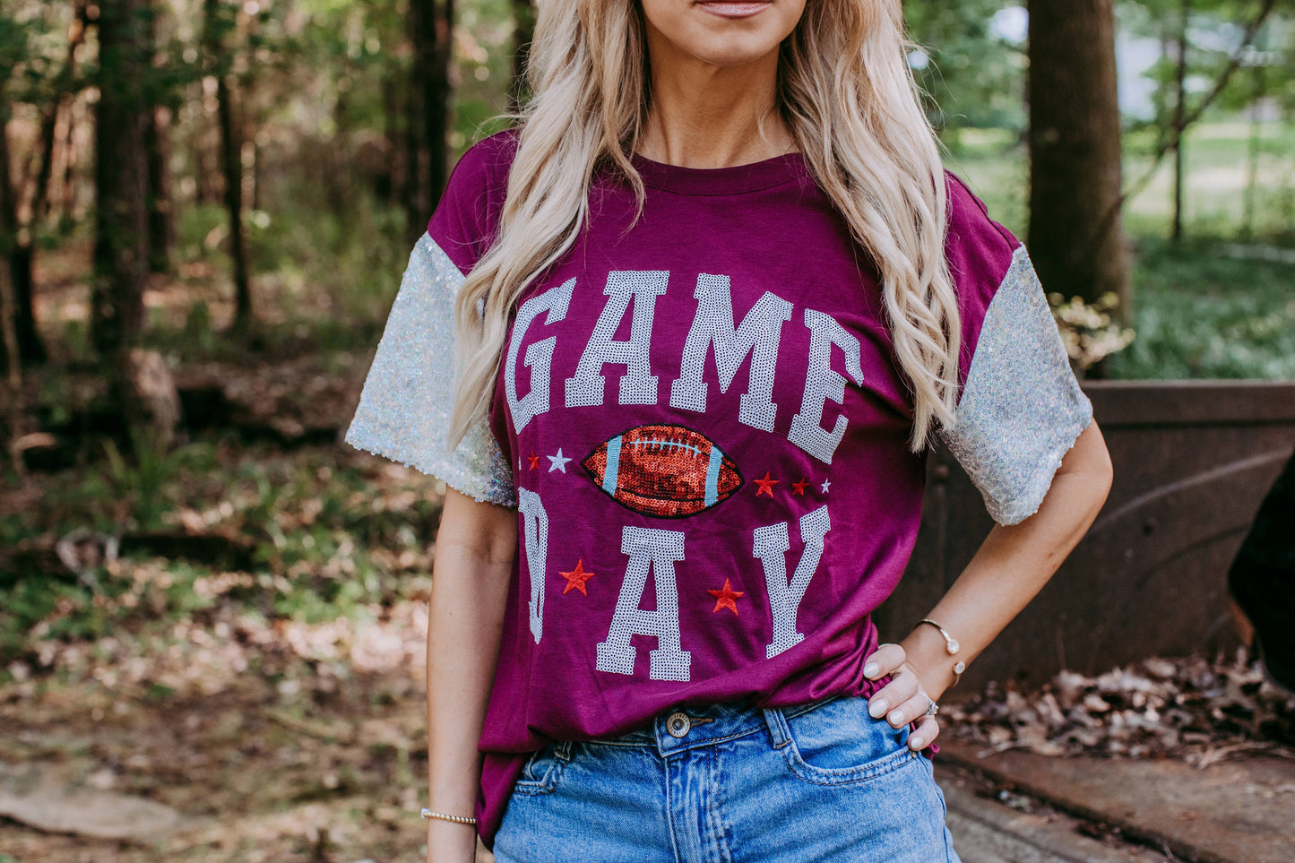 Sequins Embroidery Game Day Tee (Burgundy)