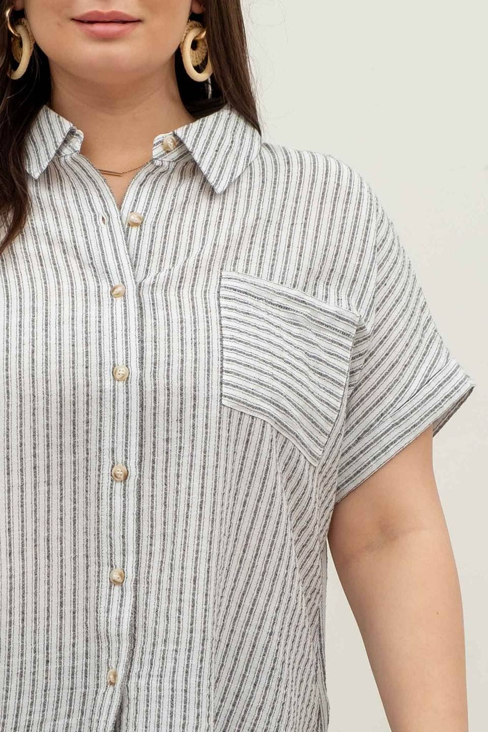 PLUS STRIPE COLLARED SHORT SLEEVE LINEN SHIRT