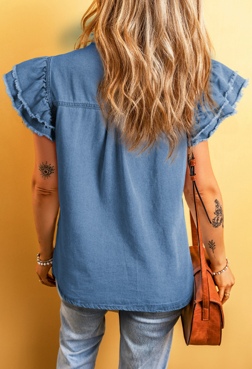 Beau Blue Button Front Ruffled Flutter Frayed Denim Top
