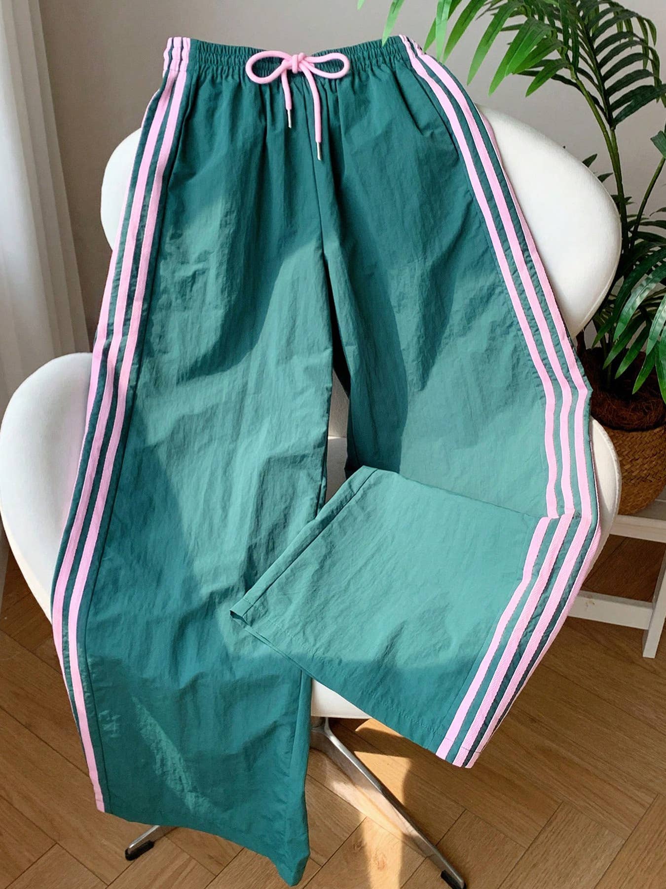 Laced Side Contrast Striped Wide Leg Track Pants