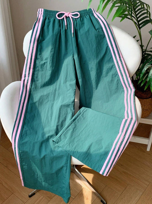 Laced Side Contrast Striped Wide Leg Track Pants