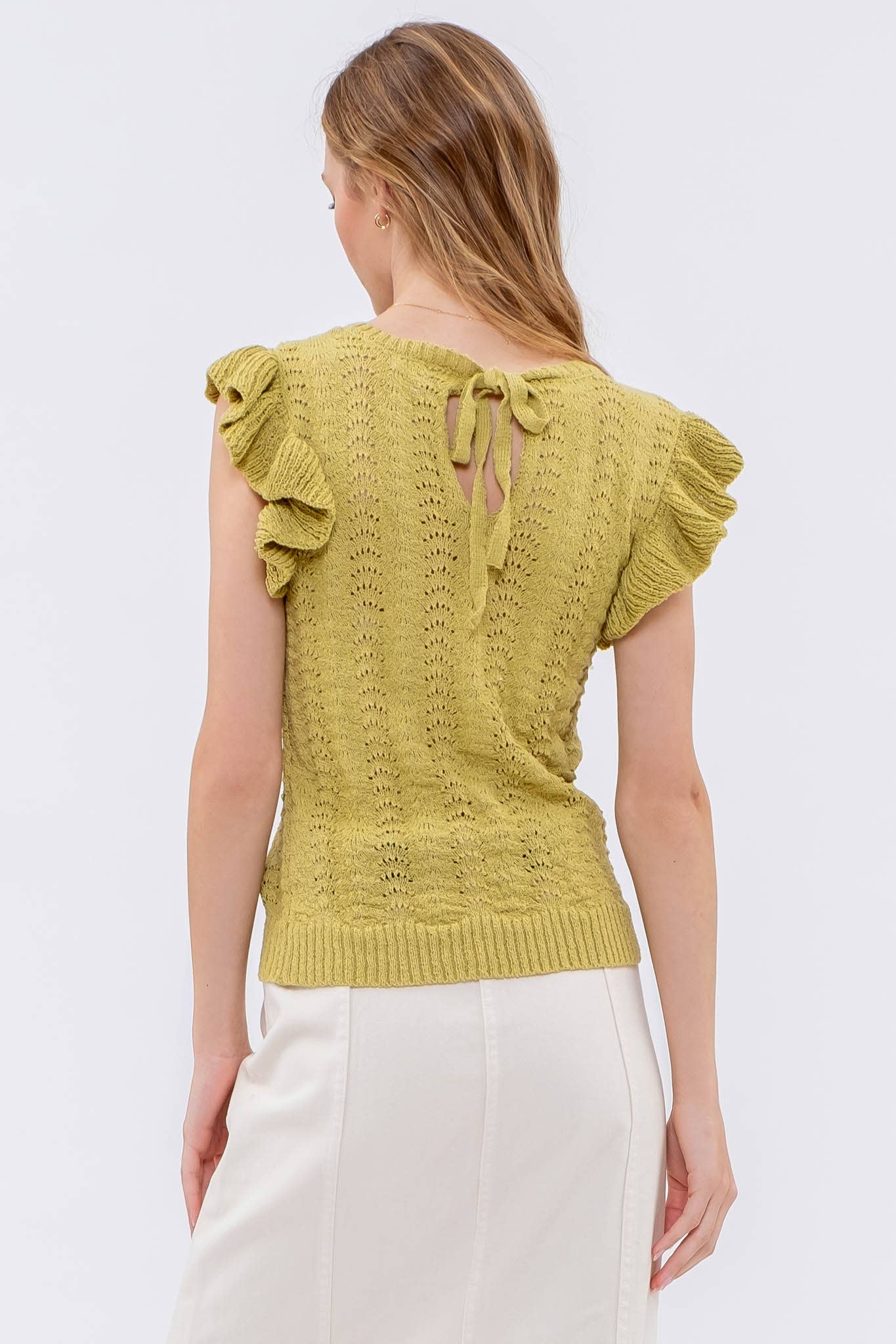 EYELET BACK TIE CROCHET KNIT TOP