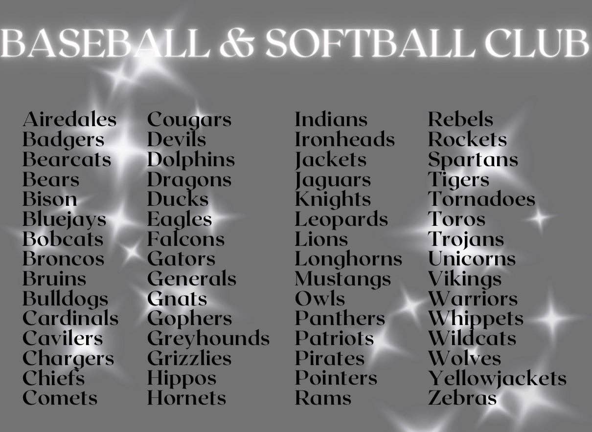 Baseball Club & Softball Club Mascot Tees (60 Mascots Available)