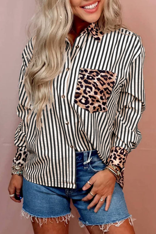 Fall 2025 Chic Contrast Leopard & Stripes Button Shirt