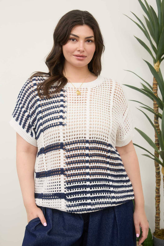PLUS MULTI STRIPE SHORT SLEEVE SHEER CROCHET KNIT TOP