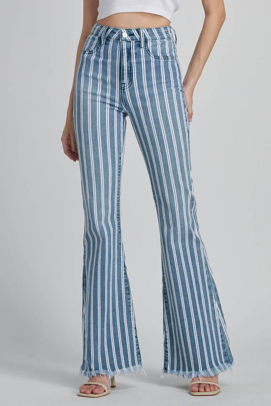 CELLO Light Striped High Rise Super Flare Frayed Hem