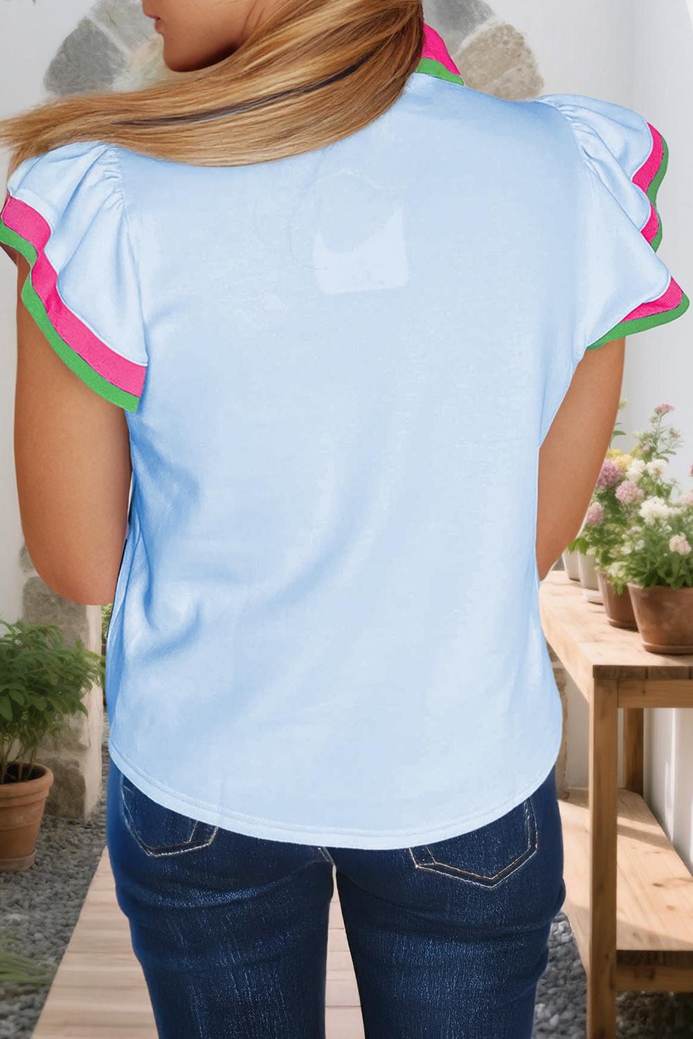 Blue Ruffled Sleeve Collared V Neck Blouse (S-XL)