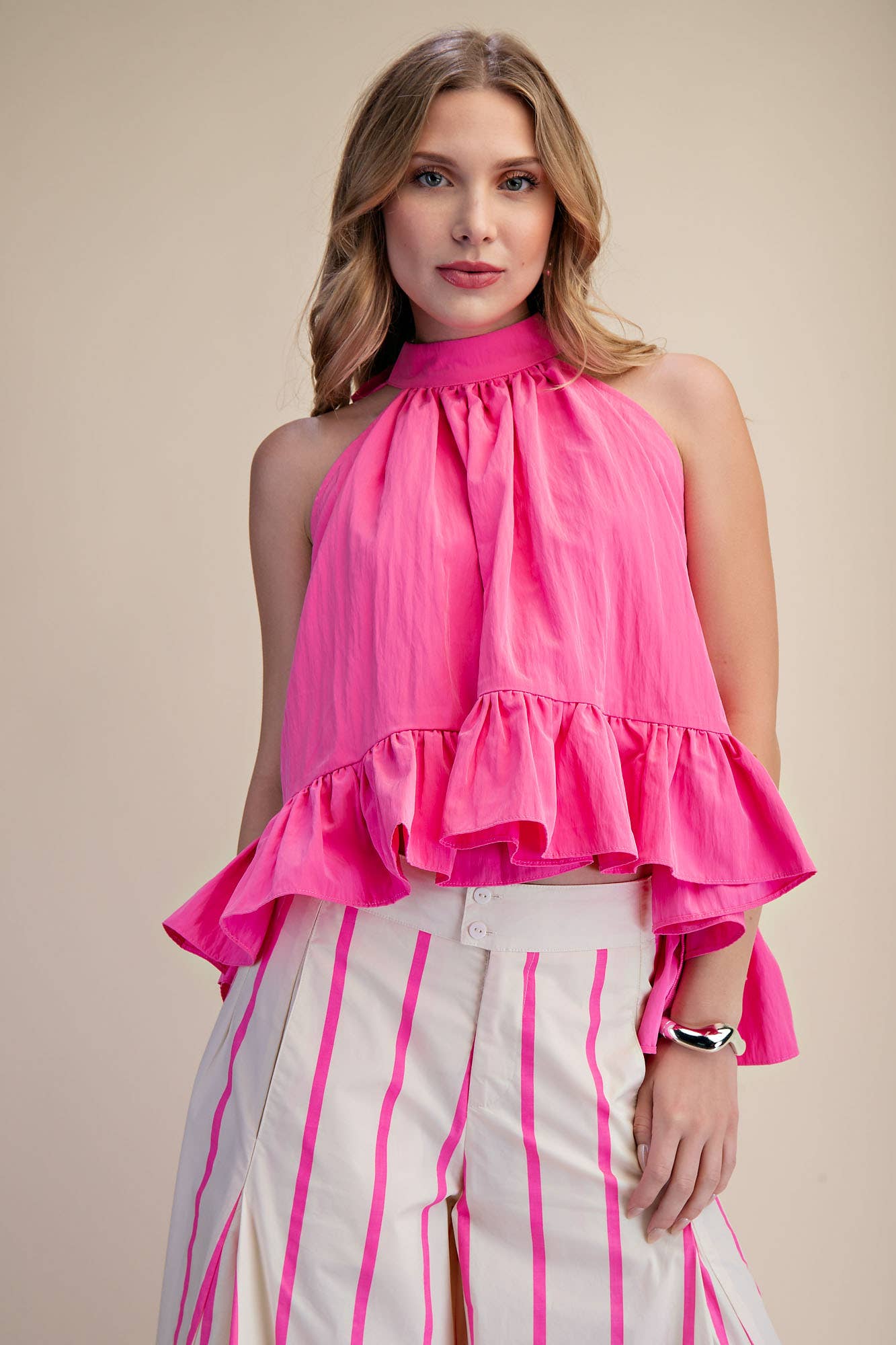 Halter Neck Sleeveless Back Neck Tie Ruffle Top