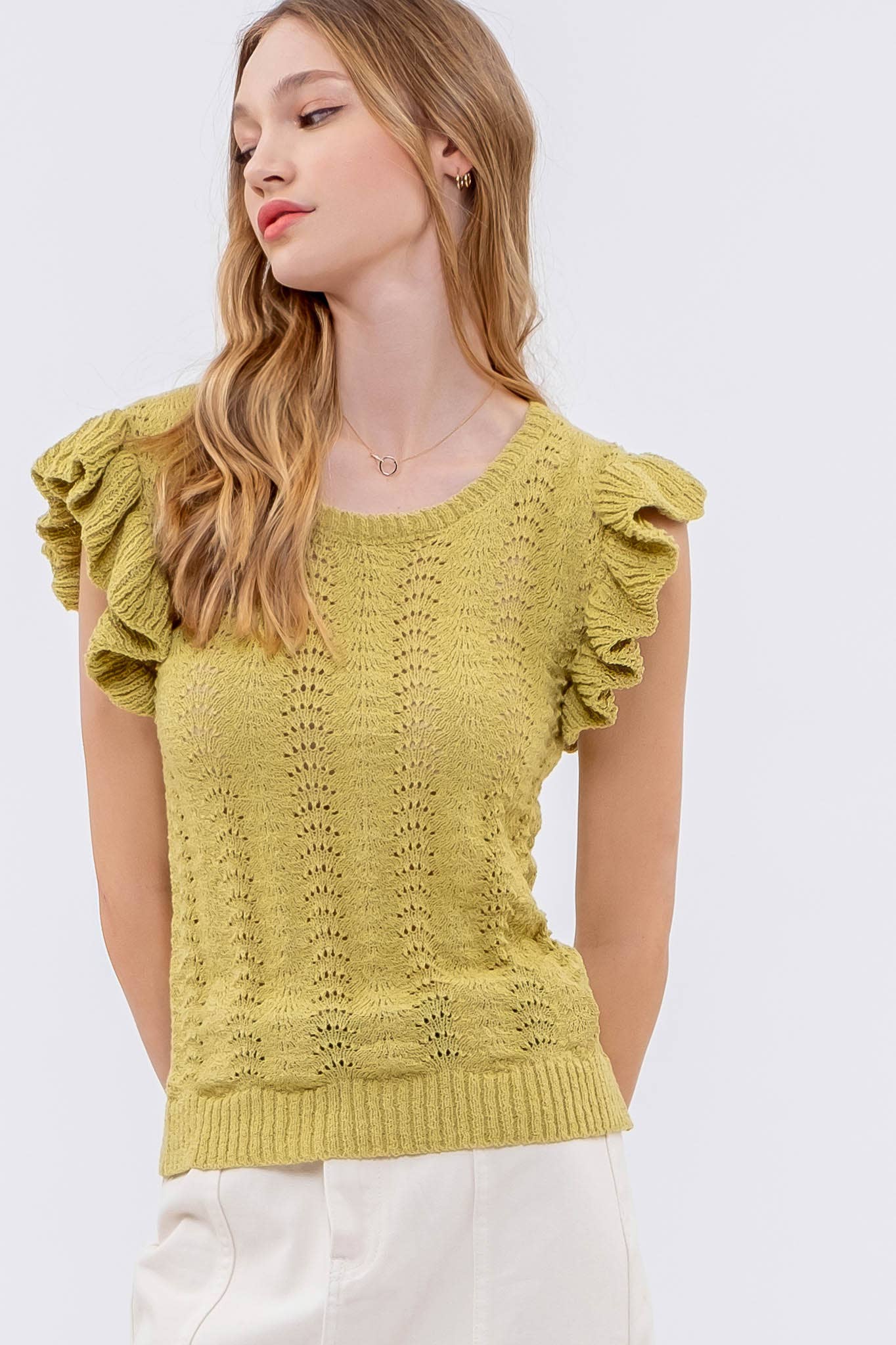 EYELET BACK TIE CROCHET KNIT TOP