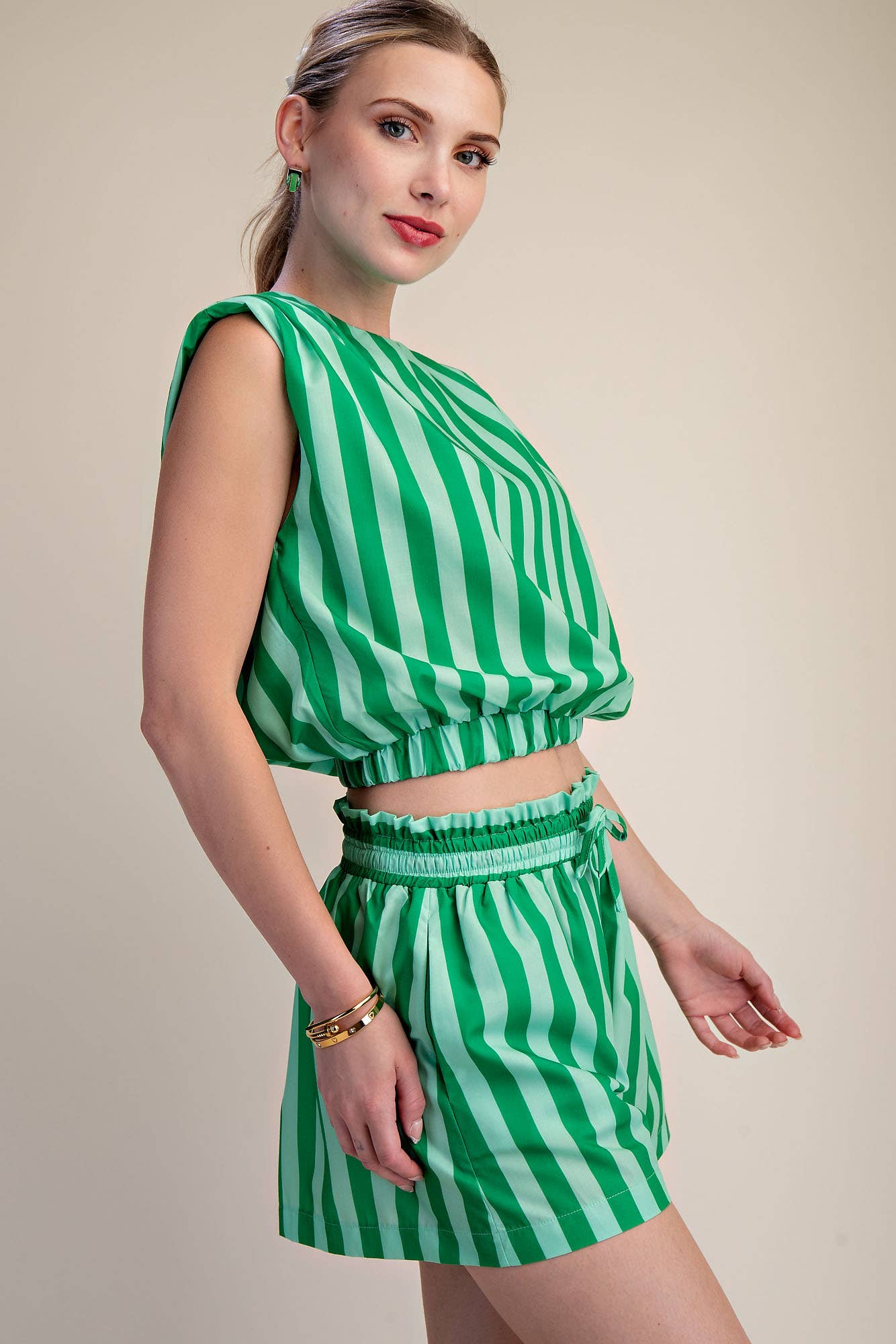 Stripe Top With Padded Shoulder and Elastic Waist